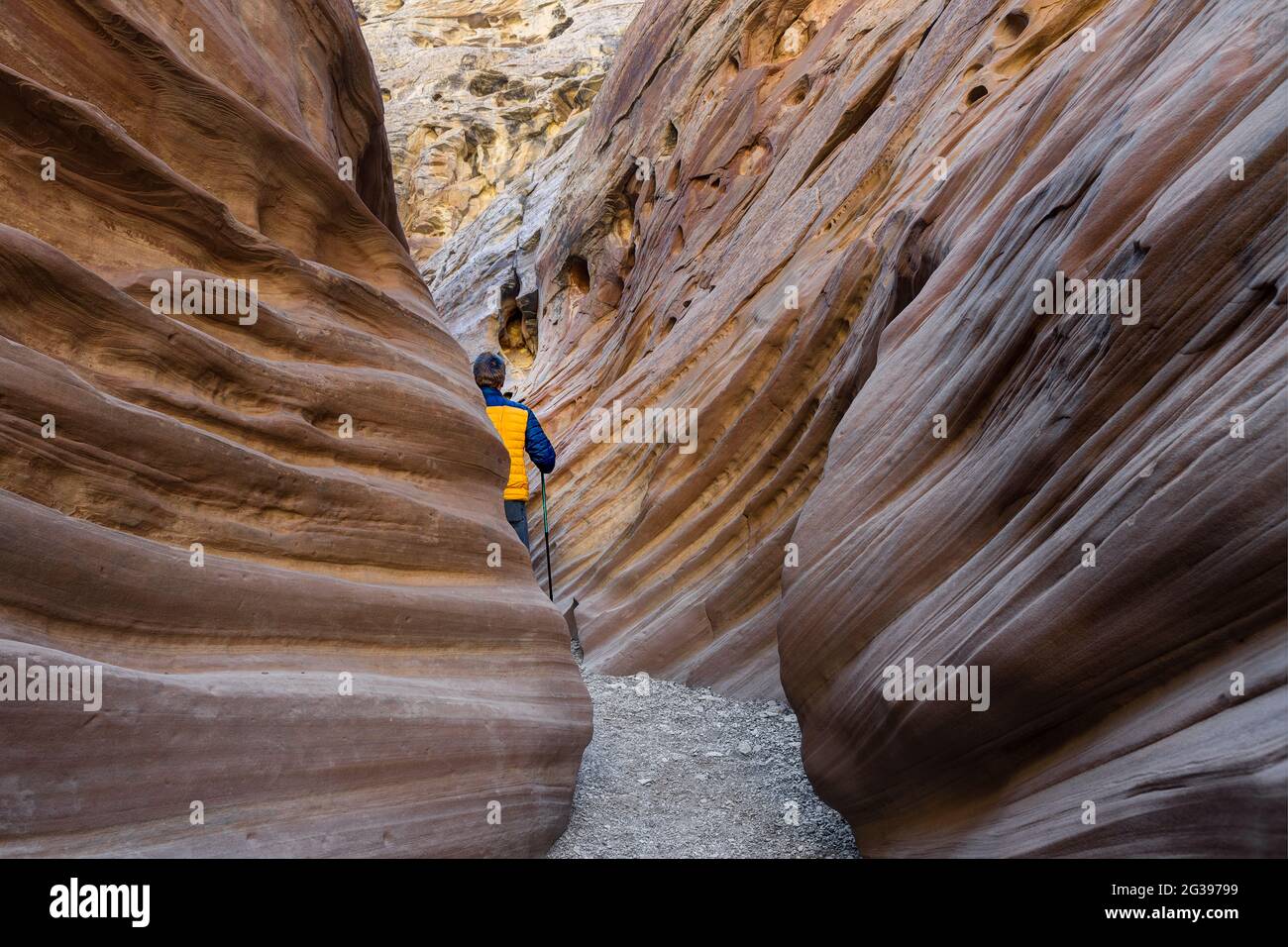 Homme explorant Little Wild Horse Canyon, Utah, États-Unis Banque D'Images