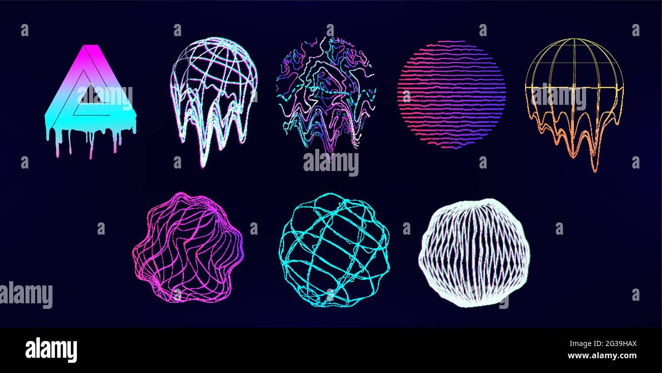 Formes universelles futuristes rétro - sphères et éléments circulaires avec effet de grésilte, défaut ou liquide. Concevoir les éléments memphis en ondes vaporetto et Illustration de Vecteur