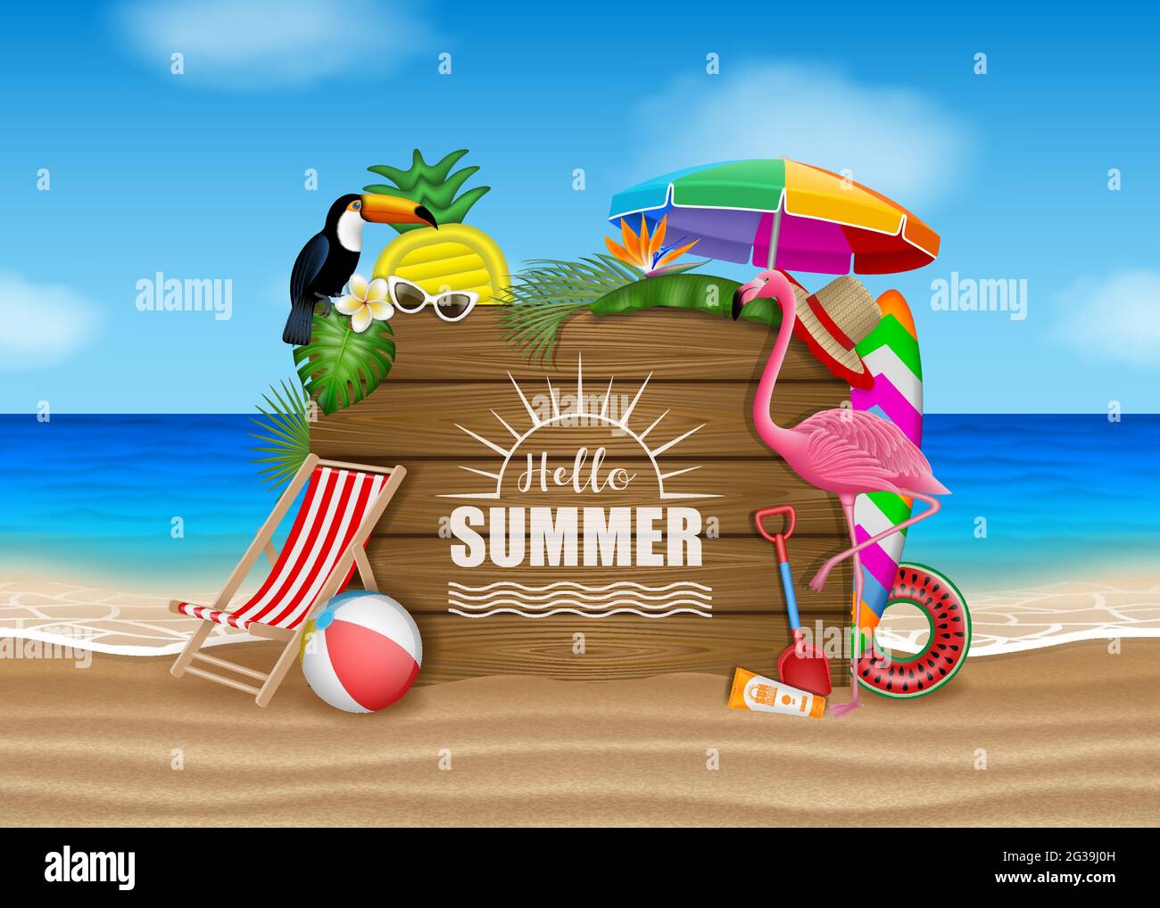 Affiche Hello Summer avec éléments de plage, fleurs tropicales, feuilles, oiseaux et panneau en bois sur le paysage de plage Illustration de Vecteur