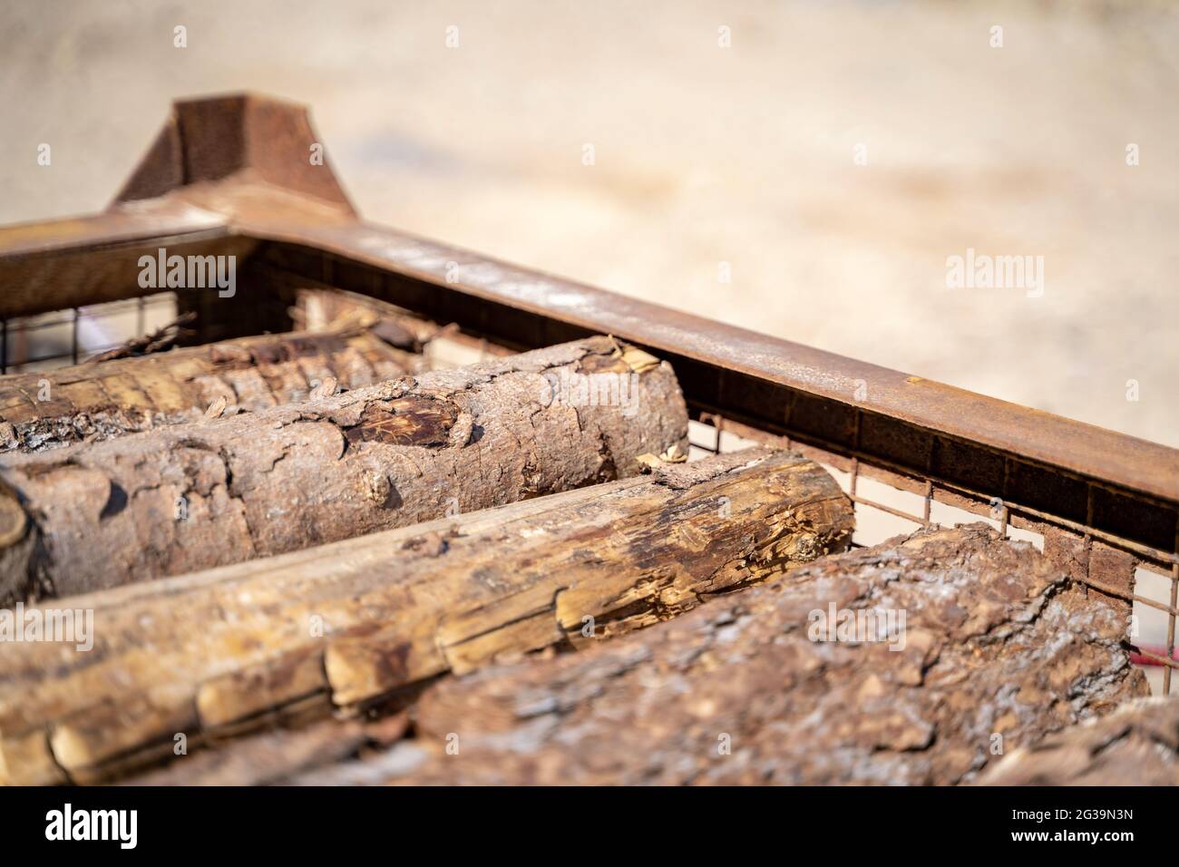 Les billes de bois non traitées se trouvent l'une sur l'autre dans un récipient métallique à l'extérieur Banque D'Images