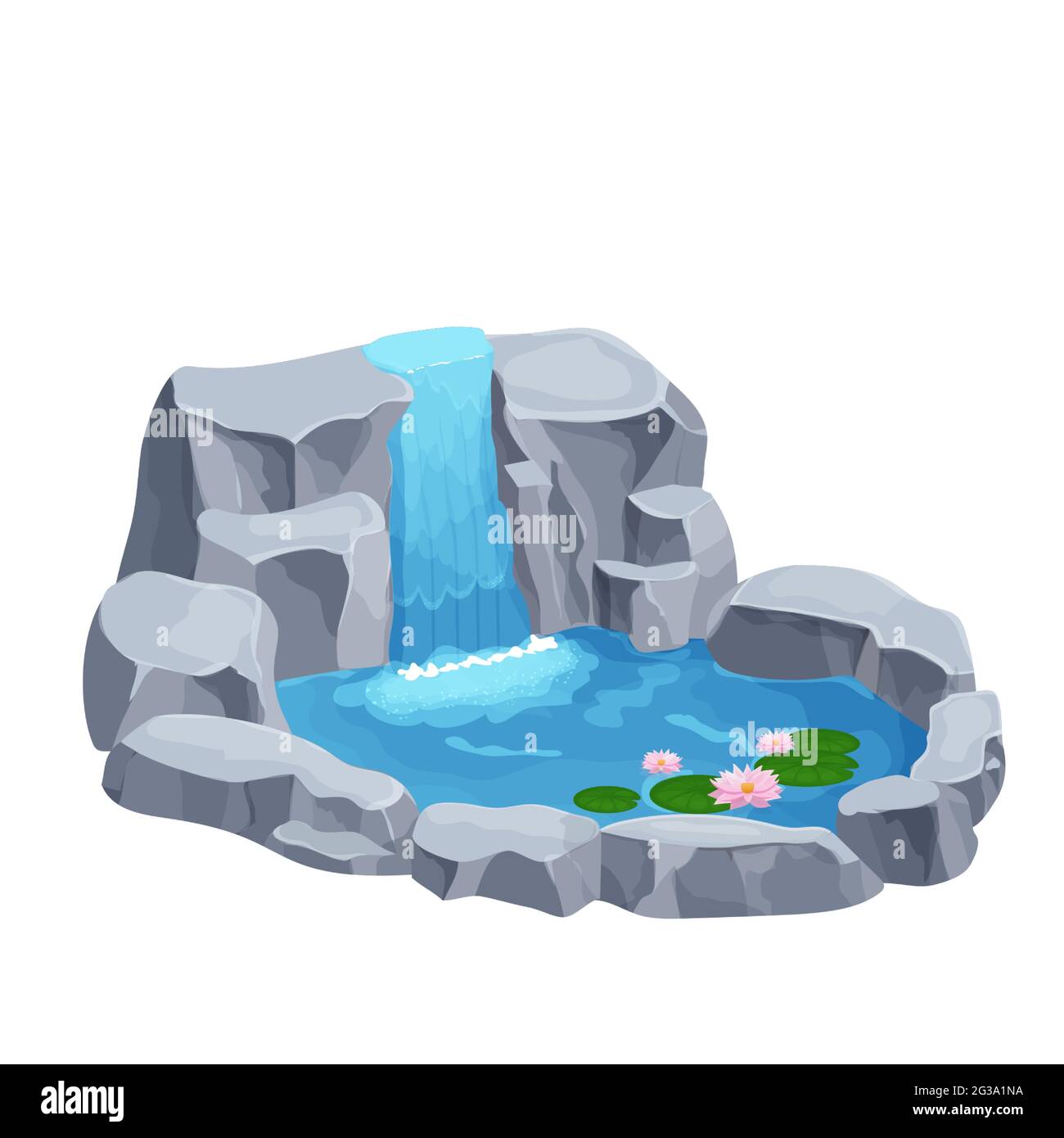 Cascade en cascade avec pierres, lac avec fleurs de nénuphars dans le style de dessin animé isolé sur fond blanc. Composition de clip art, paysage de la nature. Vecteur illu Illustration de Vecteur