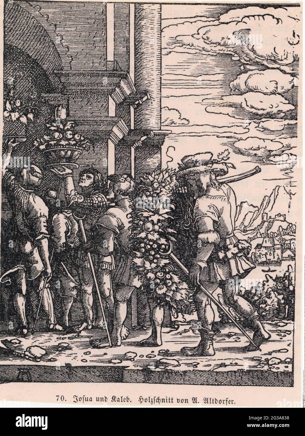 Religion, scène biblique, Josué et Caleb avec les fruits de la Terre promise, coupe de bois, LE DROIT D'AUTEUR DE L'ARTISTE N'A PAS À ÊTRE EFFACÉ Banque D'Images
