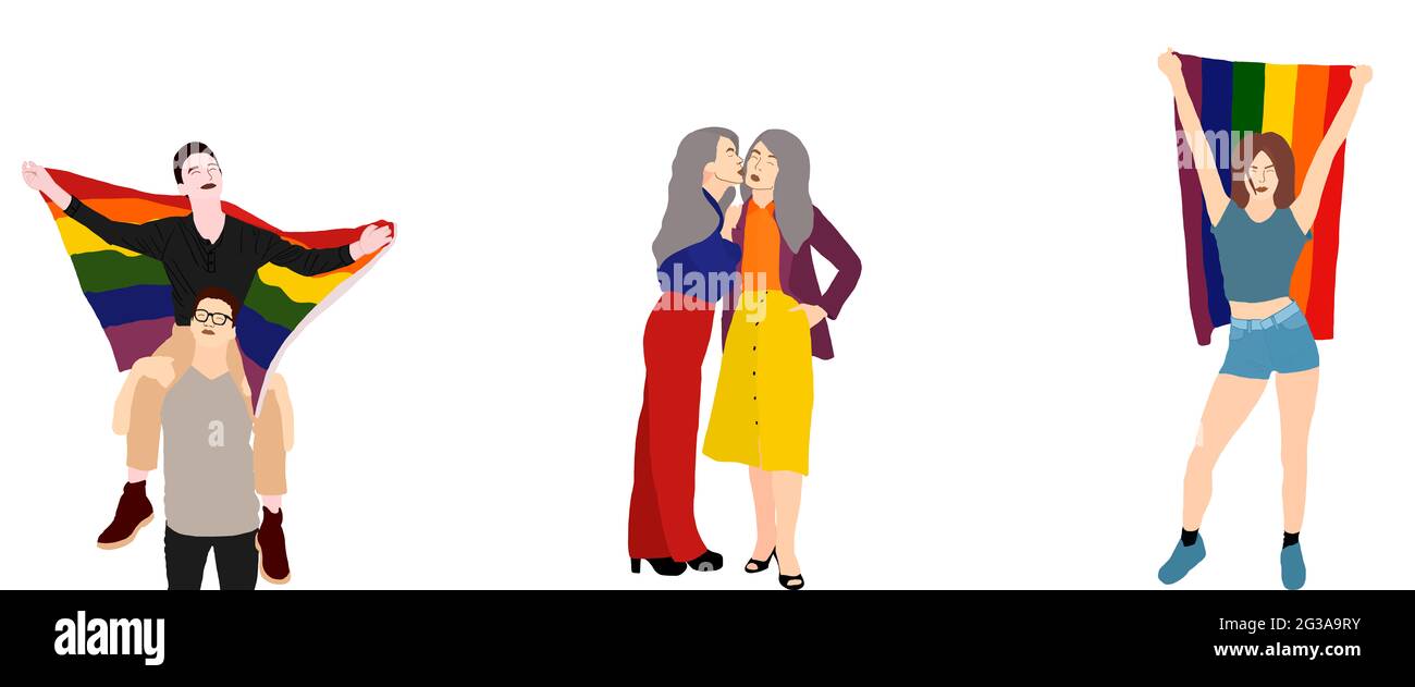 Ensemble de personnes différentes le jour de la fierté gay tenant le drapeau de la fierté gay sur fond blanc isolé. Fierté heureuse 28 juin jour 2021. Banque D'Images