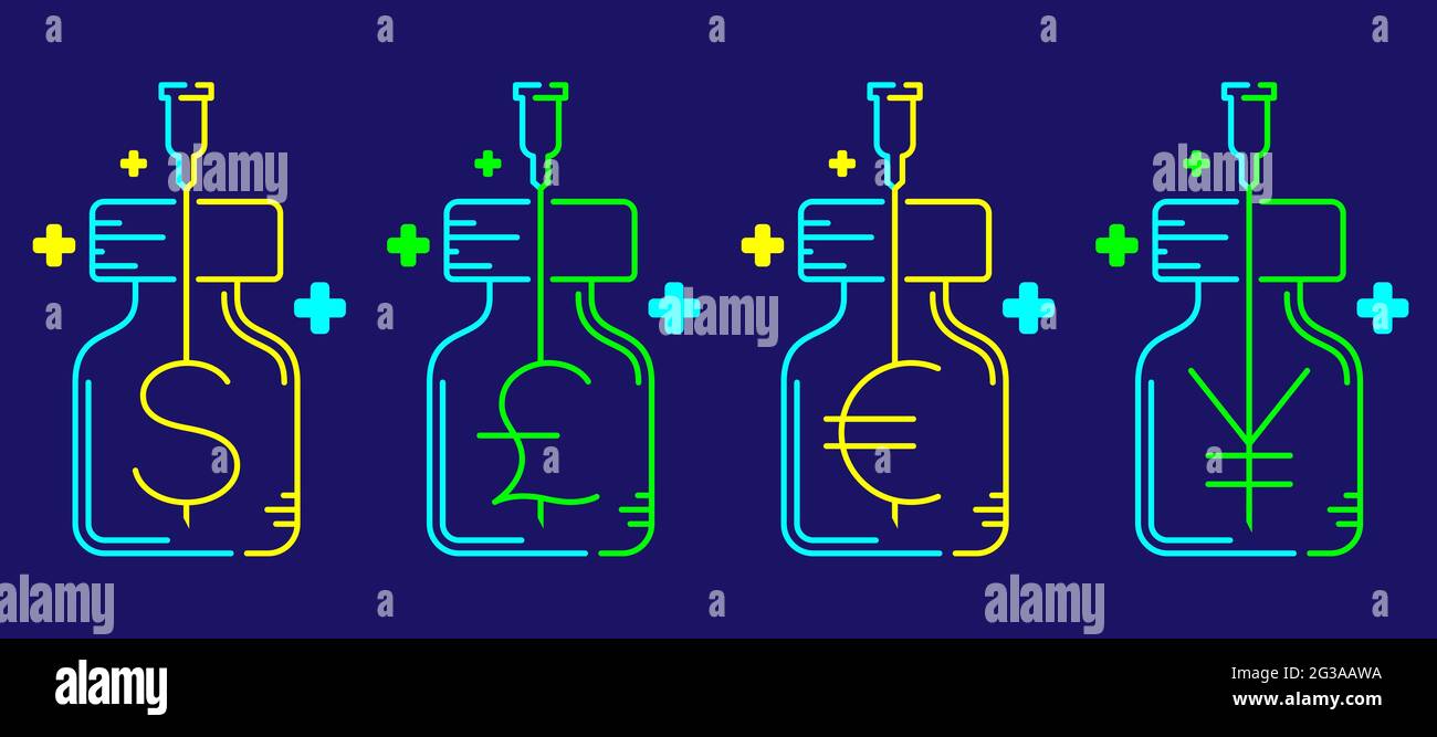 Logo covid-19 vaccin symbole monétaire dollar euro yen livre sterling en flacon et embout de seringue avec icône en croix, vaccin coût commercial illustrati Illustration de Vecteur