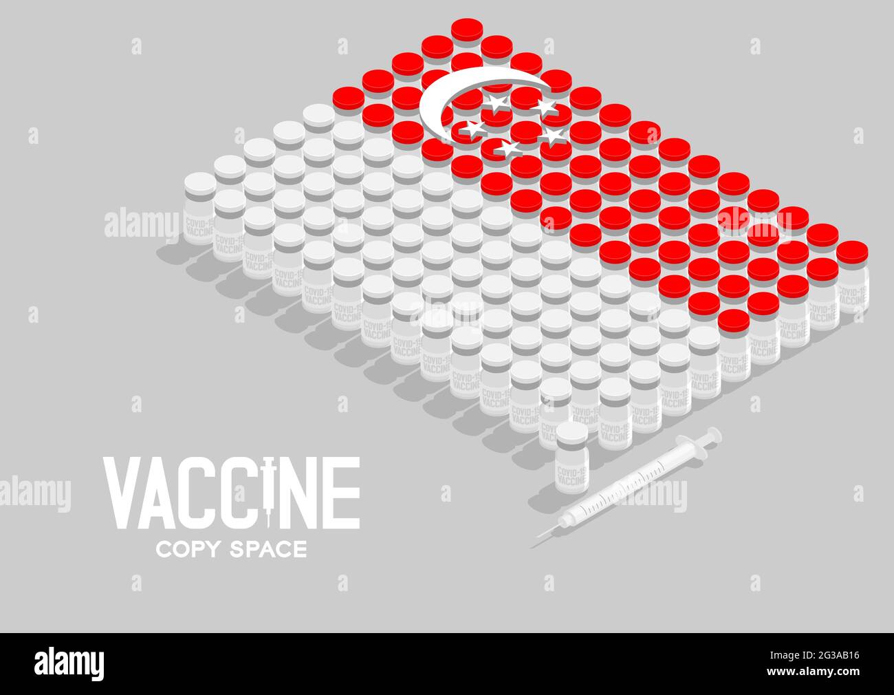 Flacon et seringue de vaccin isométriques covid-19, forme du drapeau national de Singapour, illustration de la conception du concept de pays de la campagne mondiale de vaccination isolée Illustration de Vecteur