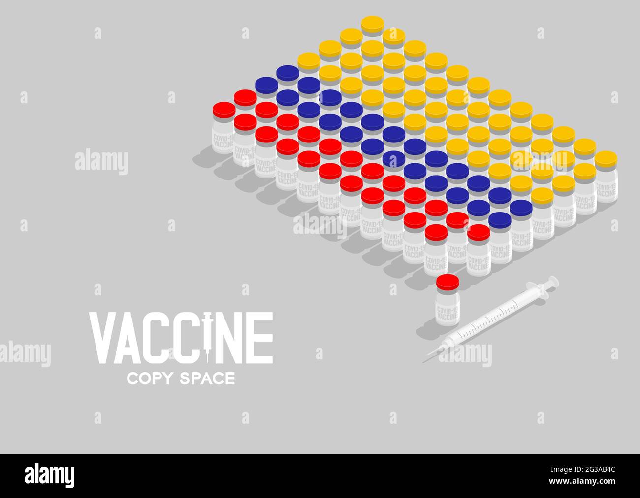 Flacon et seringue de vaccin Covid-19 isométriques, forme du drapeau national de Columbia, illustration de la conception du concept de pays de la campagne mondiale de vaccination isolée Illustration de Vecteur