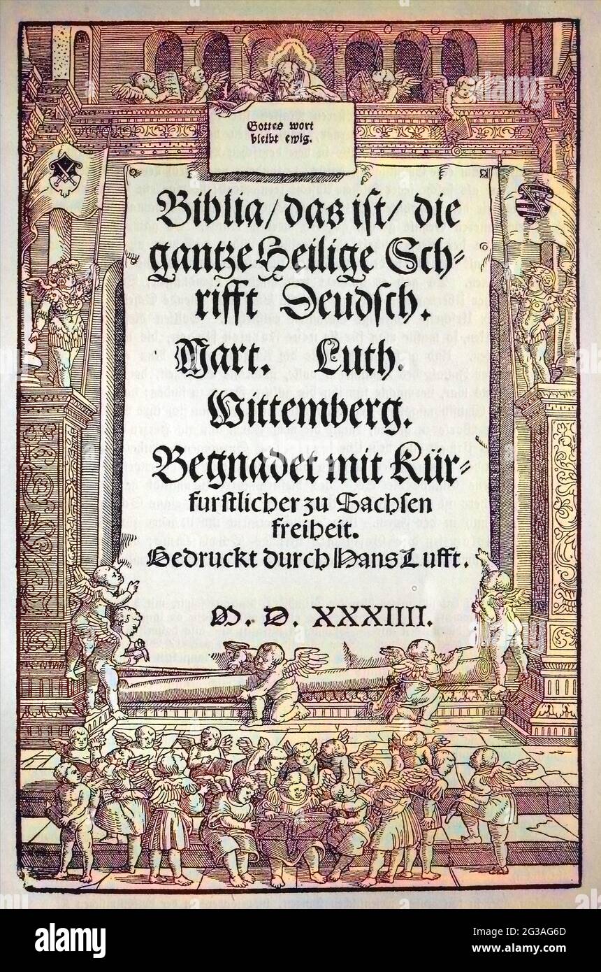 Titelblatt der Bibel von Martin Luther, dem Erstdruck der ersten vollständigen Bibelübersetzung / page de titre de la Bible de Martin Luther, la première impression de la première traduction complète de la Bible, Wittenberg 1534, Allemagne, d'une coupe de bois de 1880, historique, Digital reproduction améliorée d'un original du 19ème siècle / digitale Reproduktion einer Originalvorlage aus dem 19. Jahrhundert, Originaldatum nicht bekannt, Koloriert, Kolorierung, koloriert, Handkoloriert, coloration à la main, couleur à la main, couleur Banque D'Images