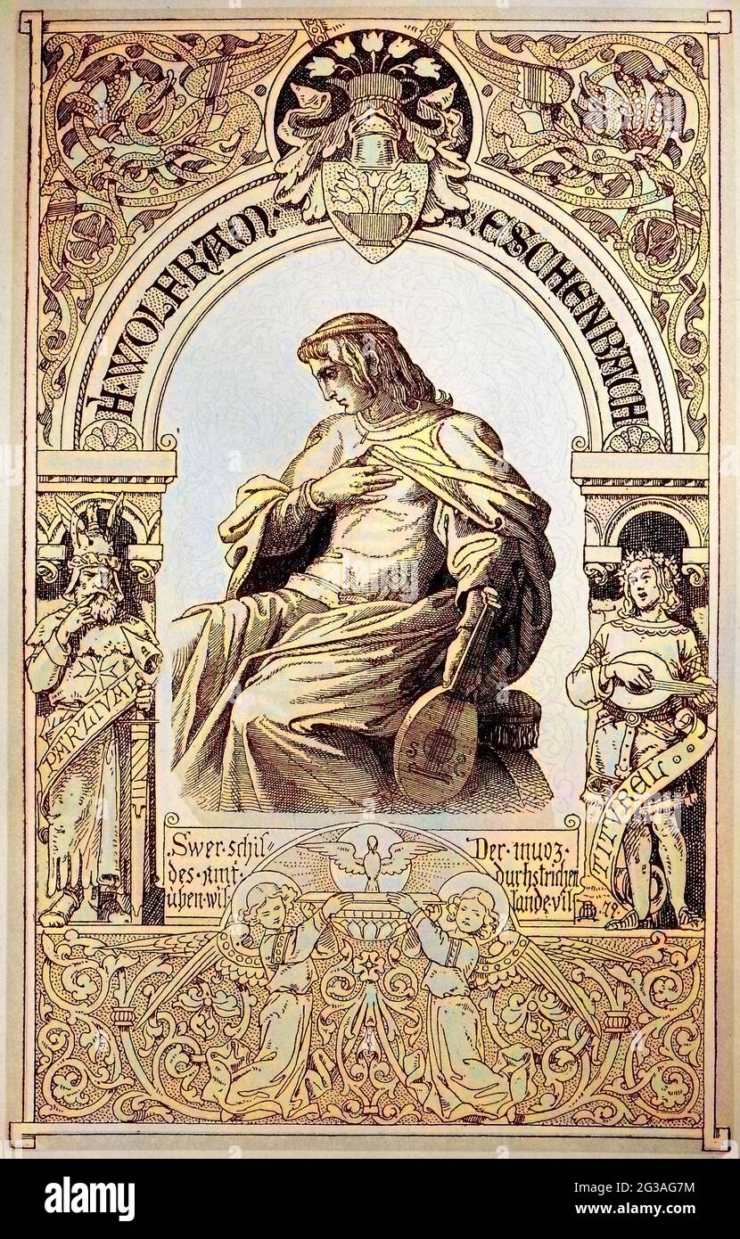 Wolfram von Eschenbach, UM 1160/80 - UM/nach 1220, war ein deutschsprachiger Dichter / Wolfram von Eschenbach, c.1160/80-c.1220, était un chevalier et poète allemand, d'une coupe de bois de 1880, historique, numérique amélioration de la reproduction d'un original du XIXe siècle / numérique Reprodukeiner Originalvorim 19. Jahrhundert, Originaldatum nicht bekannt, Koloriert, Kolorierung, koloriert, Handkoloriert, coloration à la main, couleur à la main, couleur Banque D'Images