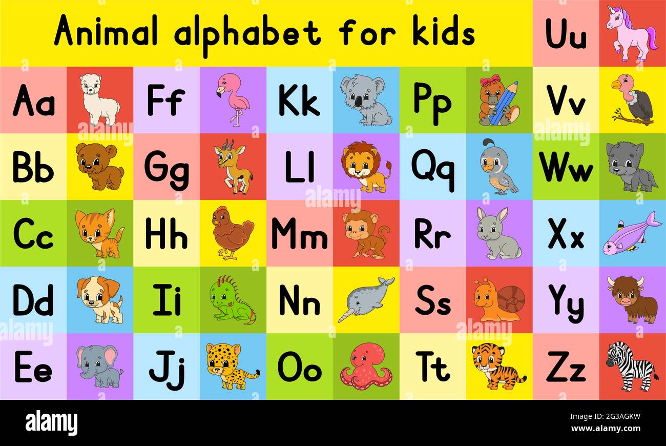 Alphabet anglais avec caractères de dessin animé. Ensemble de vecteurs. Style coloré. Apprendre ABC. Minuscules et majuscules. Illustration de Vecteur