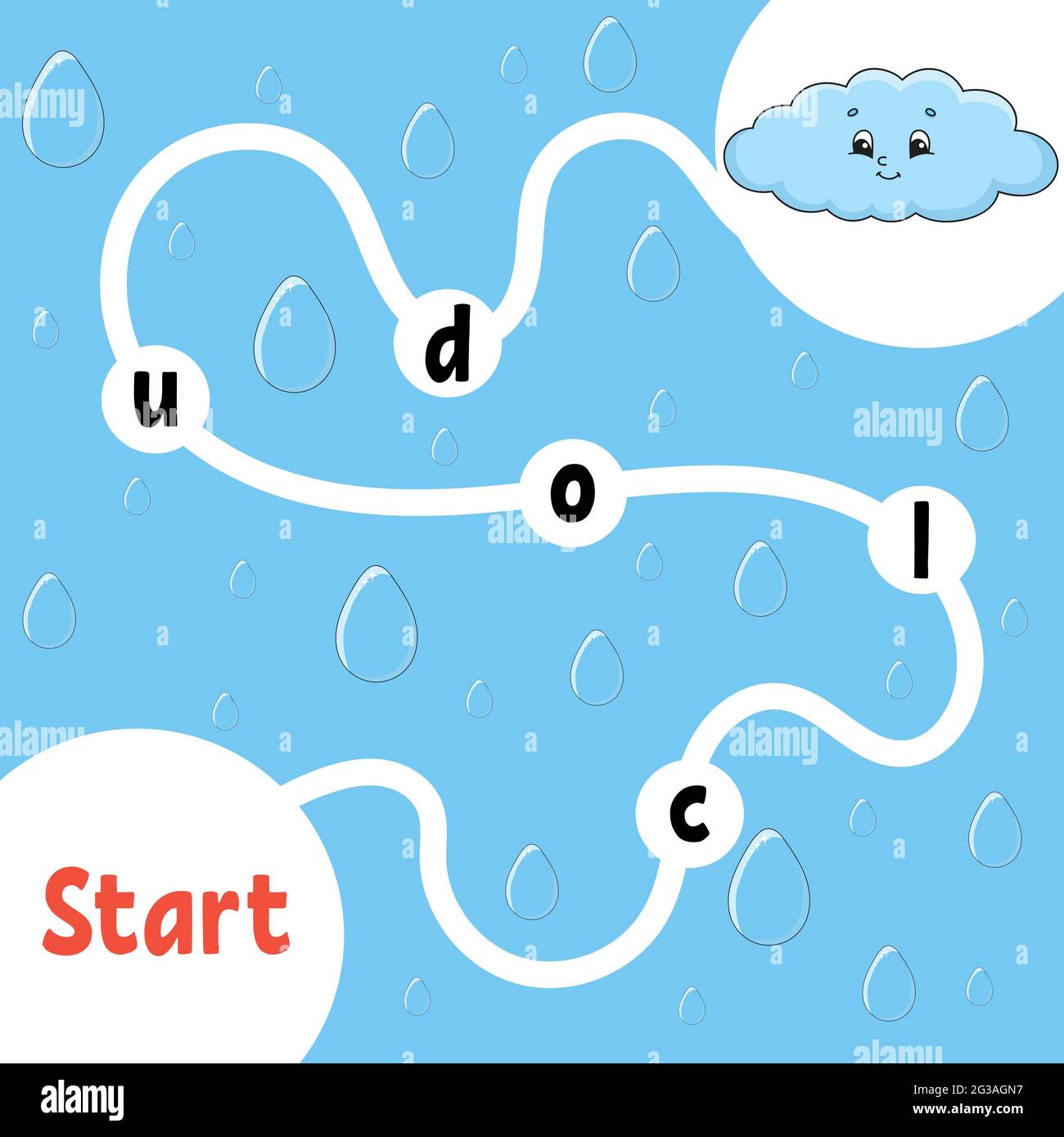 Jeu de puzzle logique. Cloud amusant. Apprendre des mots pour les enfants. Recherchez le nom masqué. Feuille de travail de développement de l'éducation. Page d'activité pour l'étude en anglais. Isola Illustration de Vecteur
