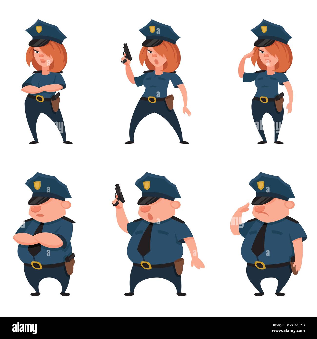 Policiers dans différentes poses. Personnages masculins et féminins dans un style de dessin animé. Illustration de Vecteur