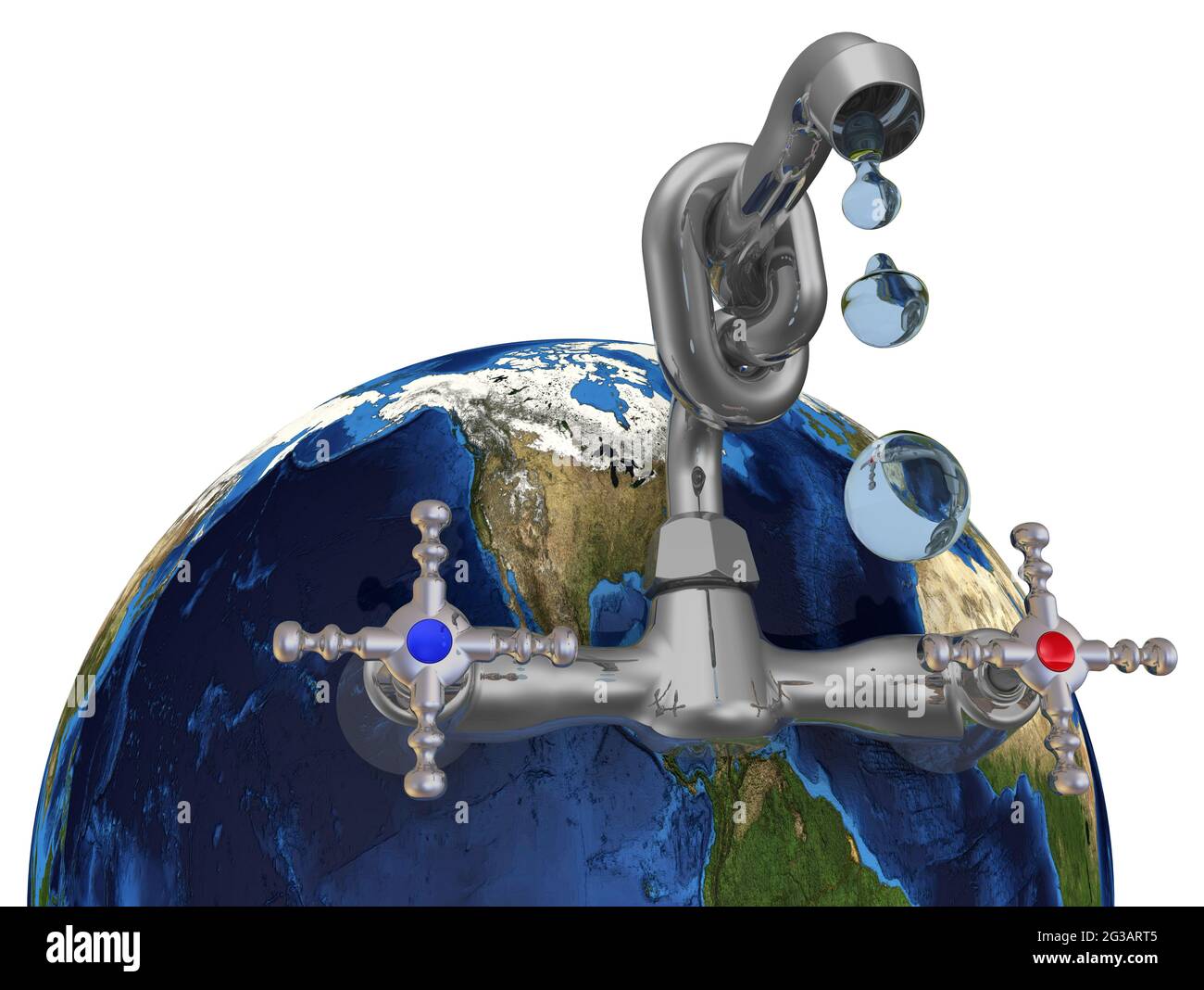 Planète Terre comme source d'eau douce. Planète Terre et robinet goutte à goutte. Isolé. Illustration 3D Banque D'Images