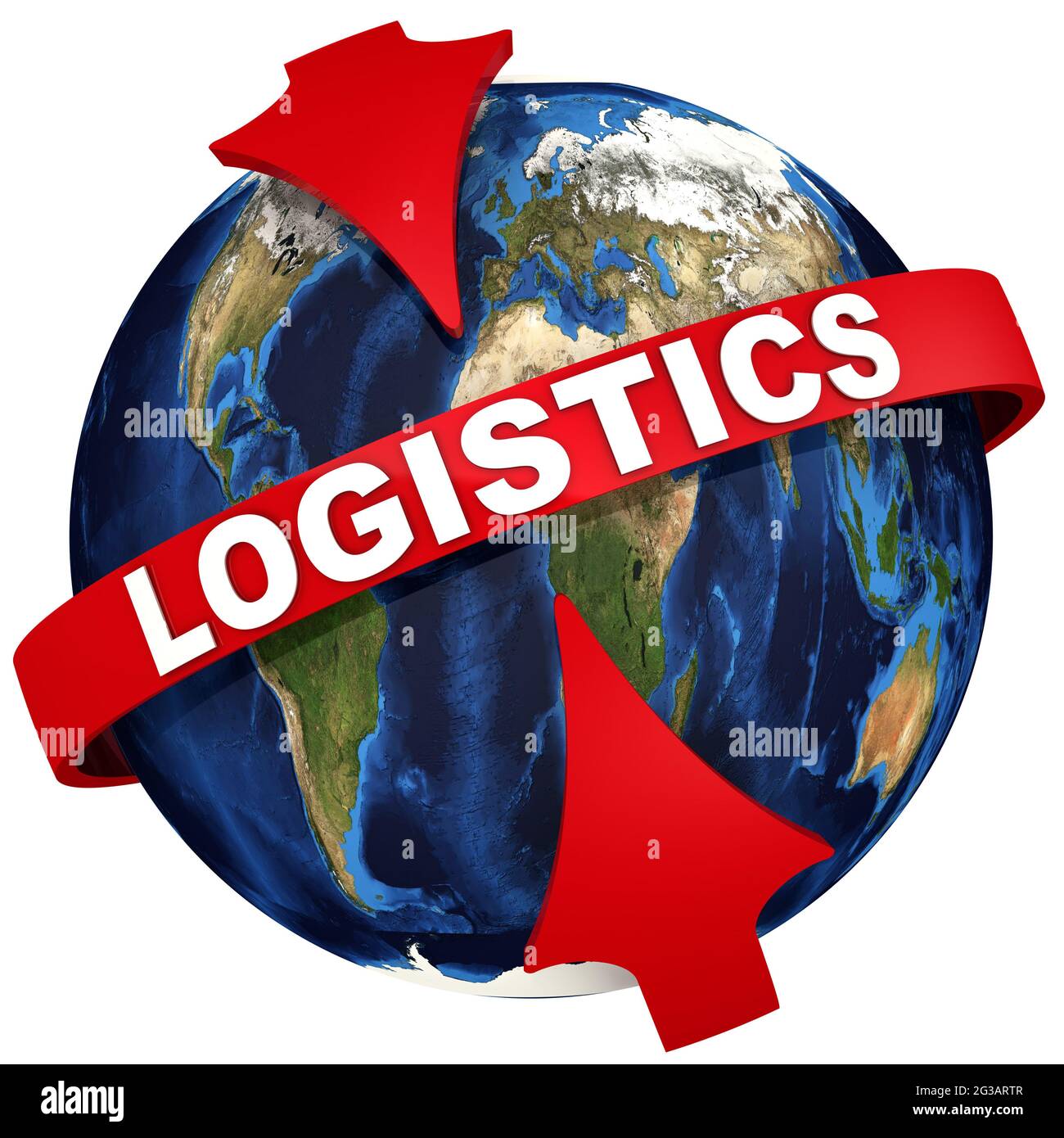 Logistique. Les flèches rouges mettent l'accent sur la LOGISTIQUE des inscriptions sur le fond du globe. Illustration 3D Banque D'Images