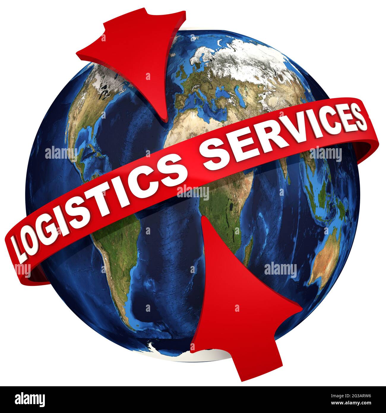 Services logistiques internationaux. Les flèches rouges pointent vers les services LOGISTIQUES d'inscription sur le fond du globe. Illustration 3D Banque D'Images
