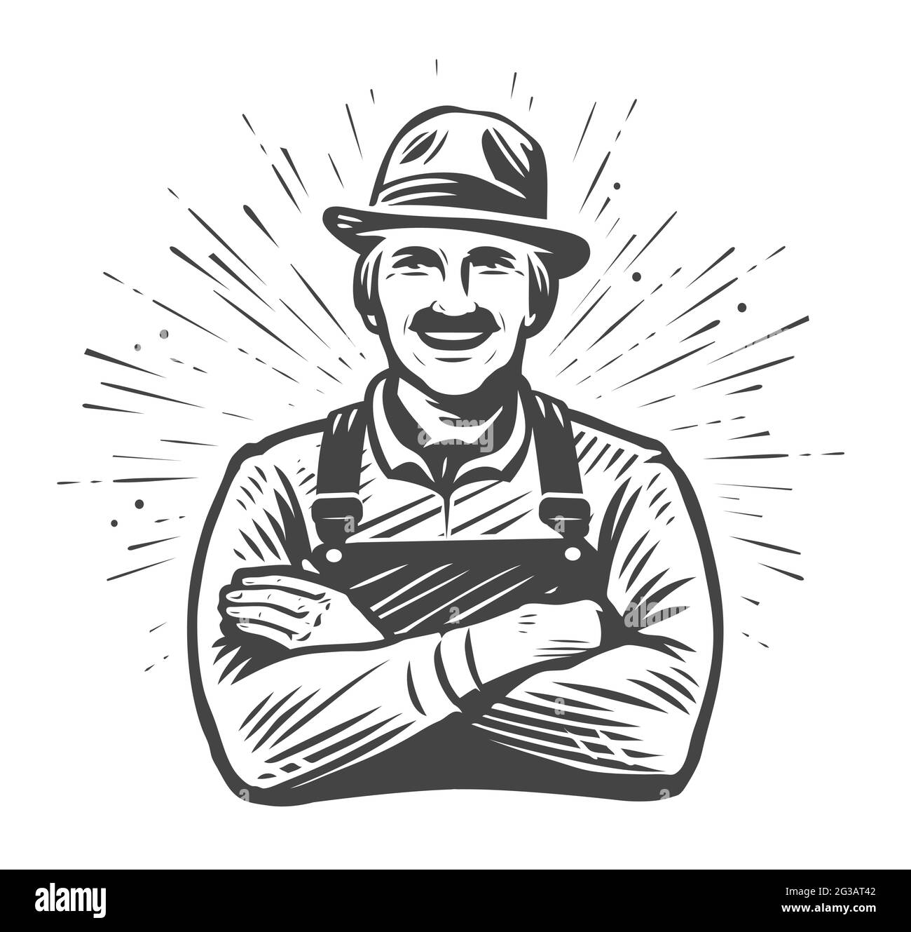 Joyeux fermier en chapeau aux bras croisés dessinés dans le style esquisse. Ferme, concept d'agriculture. Illustration vectorielle vintage Illustration de Vecteur