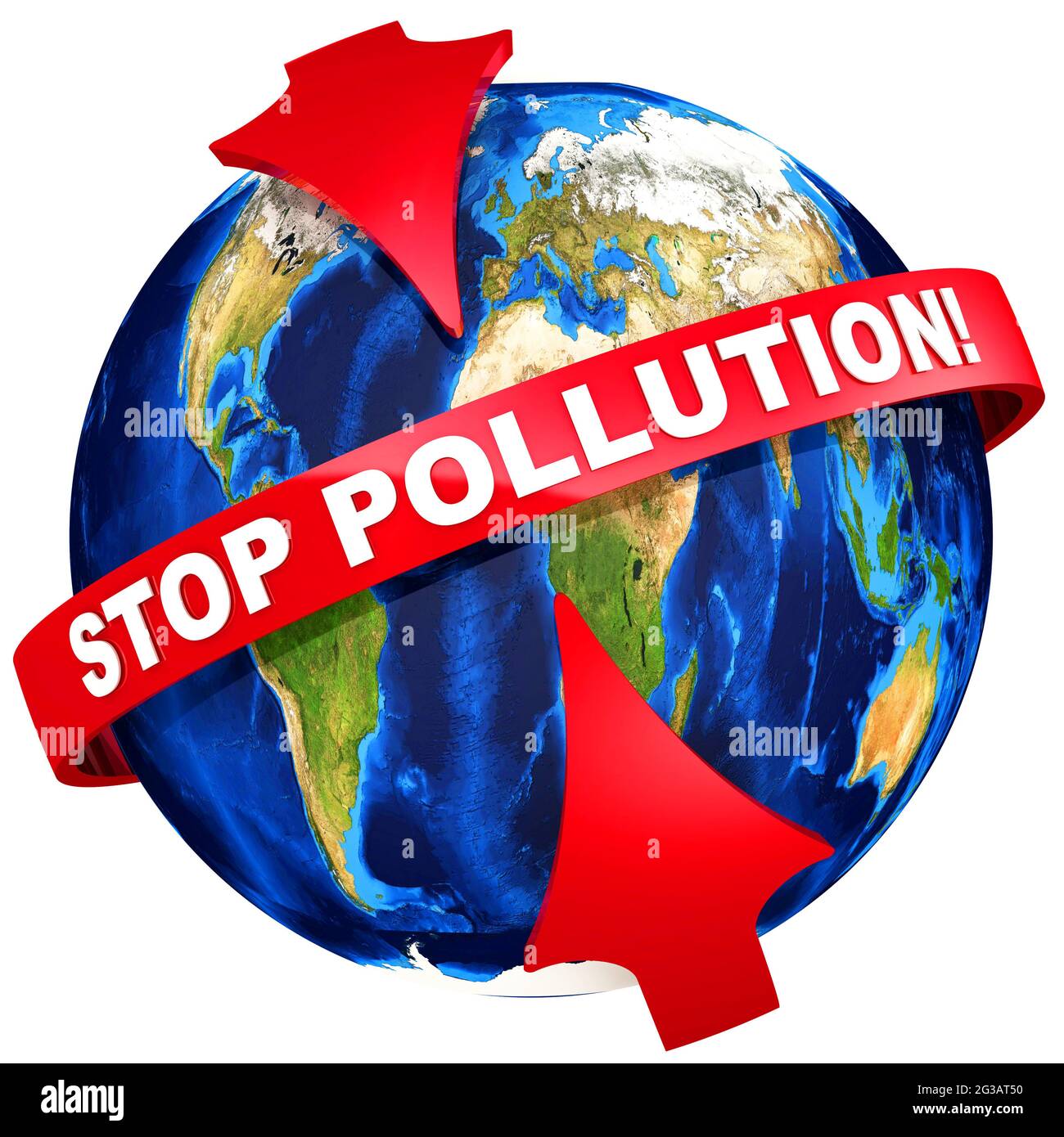 Arrêtez la pollution de la Terre! Les flèches rouges pointent vers le texte blanc STOP POLLUTION! Sur la bande rouge sur l'arrière-plan du Globe. Isolé Banque D'Images
