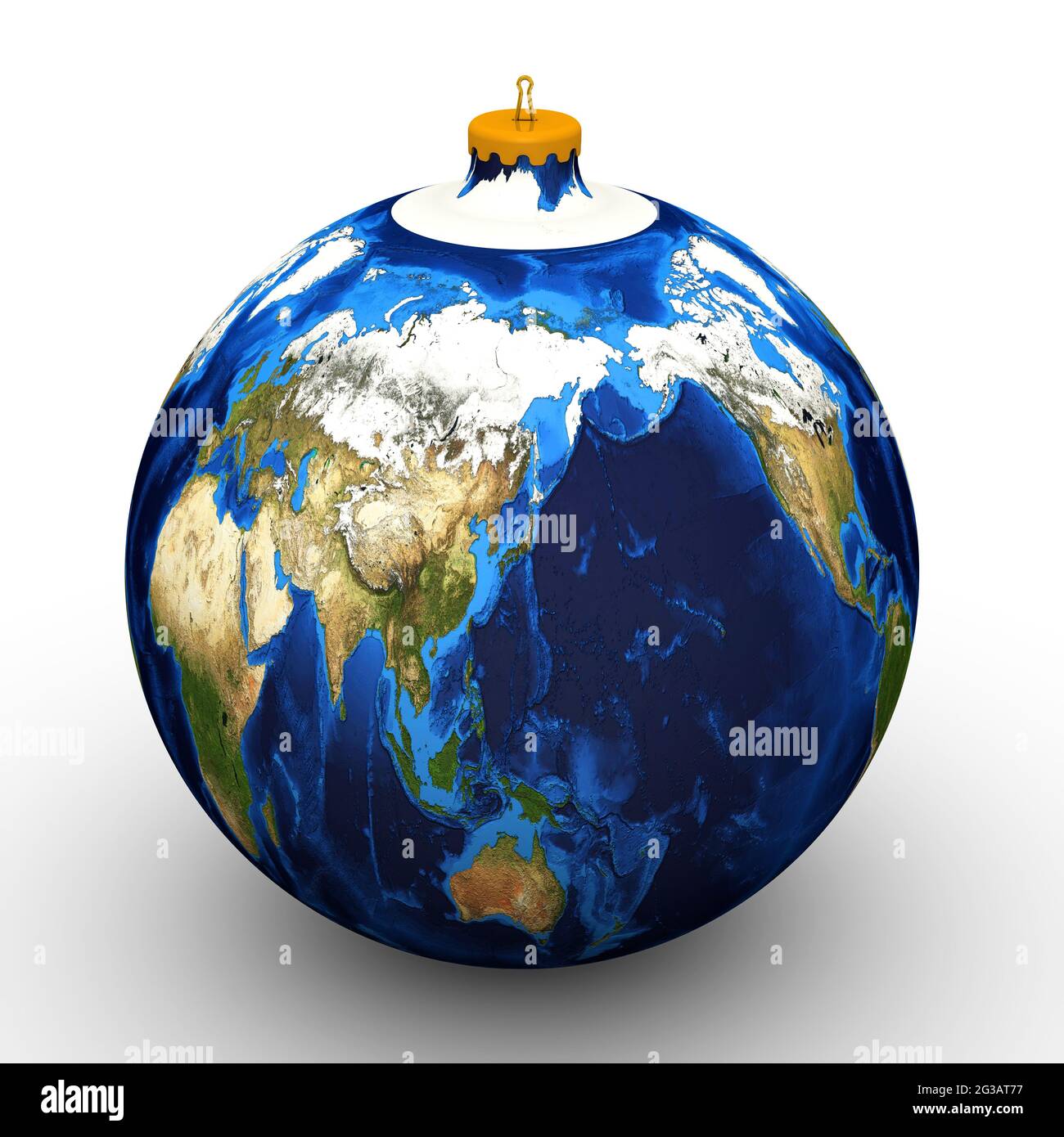 Jouet arbre de Noël sous forme de globe. Un jouet d'arbre de Noël sous forme de globe se trouve sur une surface blanche. Illustration 3D Banque D'Images