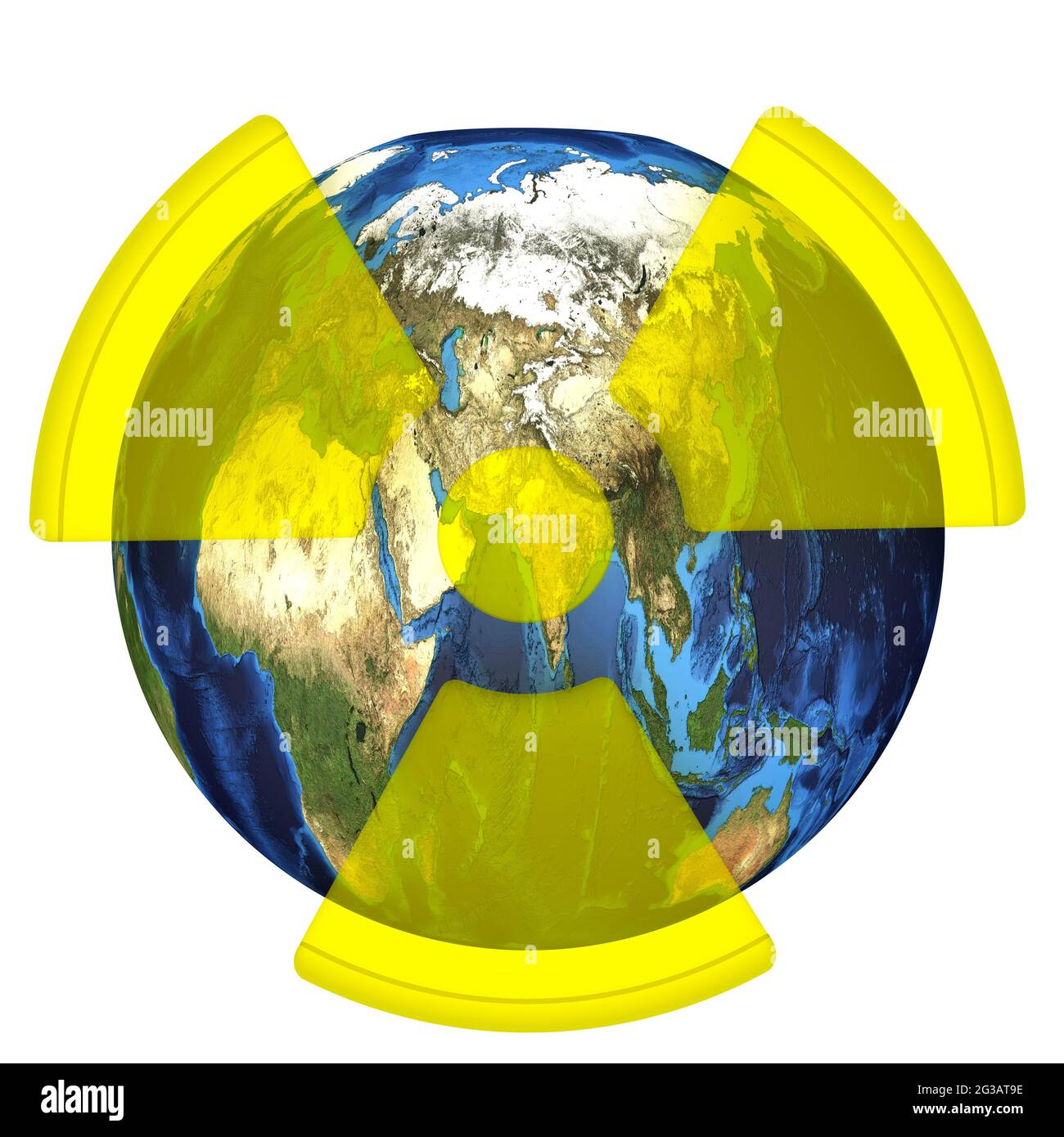 Pollution par rayonnement de la planète Terre. Signe jaune de pollution par rayonnement sur le fond du Globe. Isolé. Illustration 3D Banque D'Images