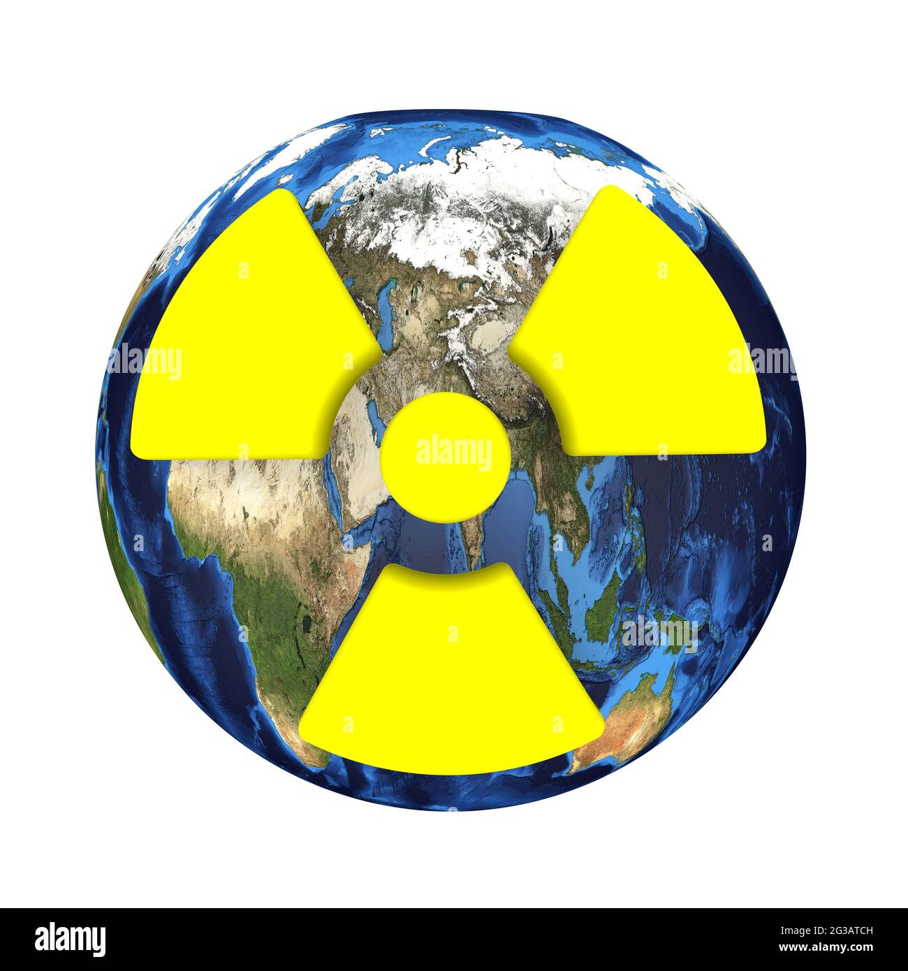 Pollution par rayonnement de la planète Terre. Signe jaune de pollution par rayonnement sur le fond du Globe. Isolé. Illustration 3D Banque D'Images
