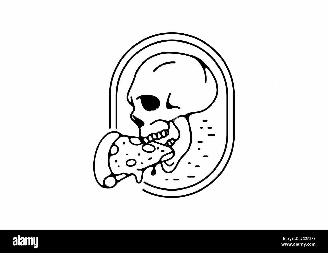 Illustration de l'art de la ligne noire de la tête de squelette et de la pizza Illustration de Vecteur