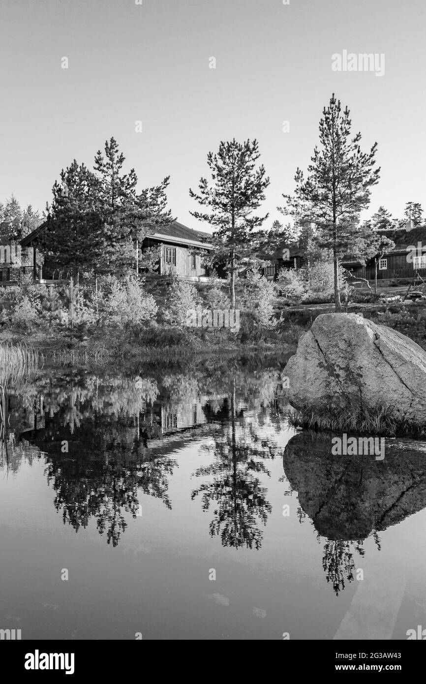 Image en noir et blanc de réflexion dans le lac de la rivière dans le  paysage de la nature de la Norvège dans la station de vacances de Treungen  à Nissedal Norvège