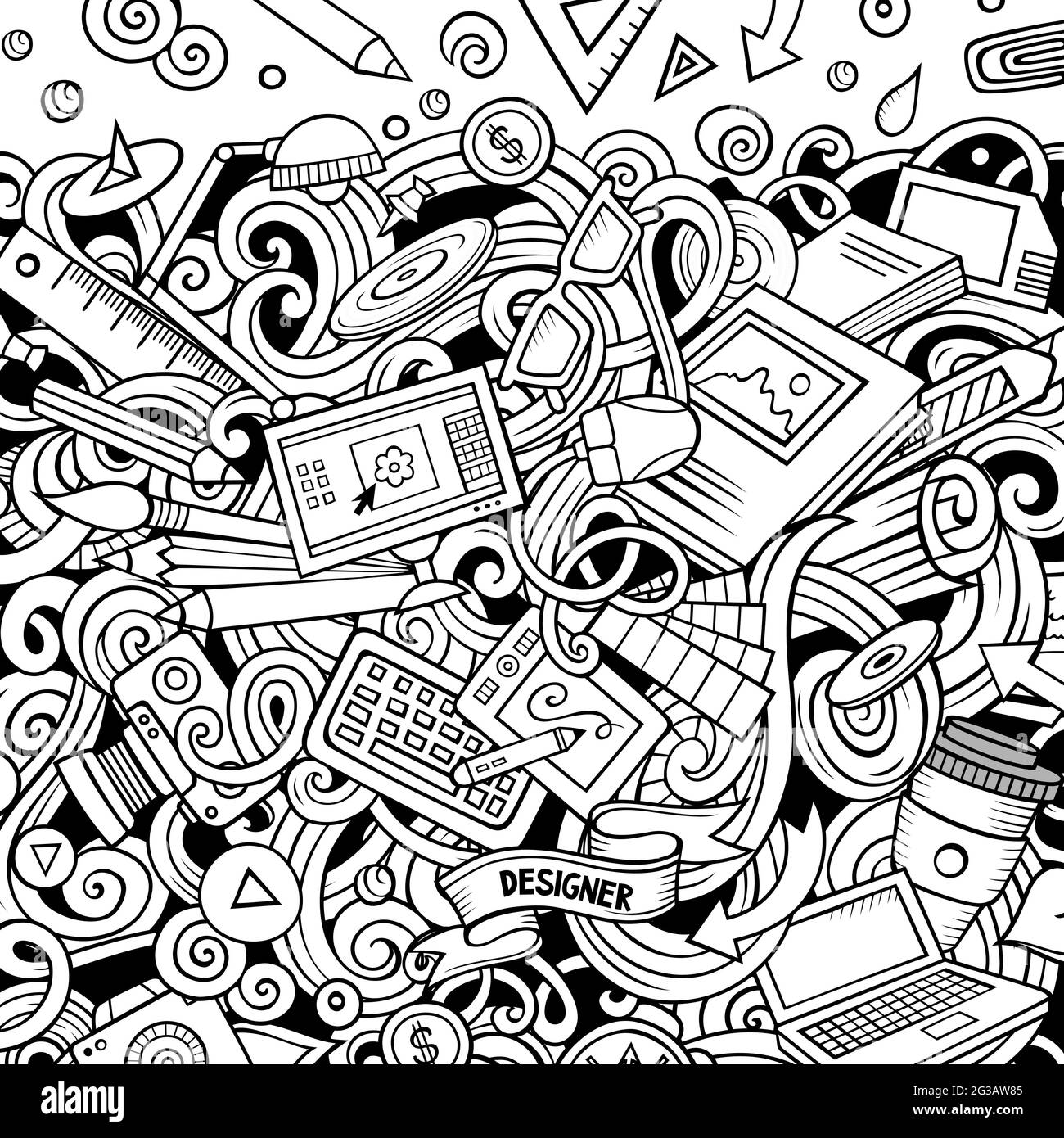 Dessins animés vectoriels carte de conception. Esquisse détaillée, avec beaucoup d'illustrations d'objets. Tous les éléments sont séparés. Bordure artistique drôle. Illustration de Vecteur