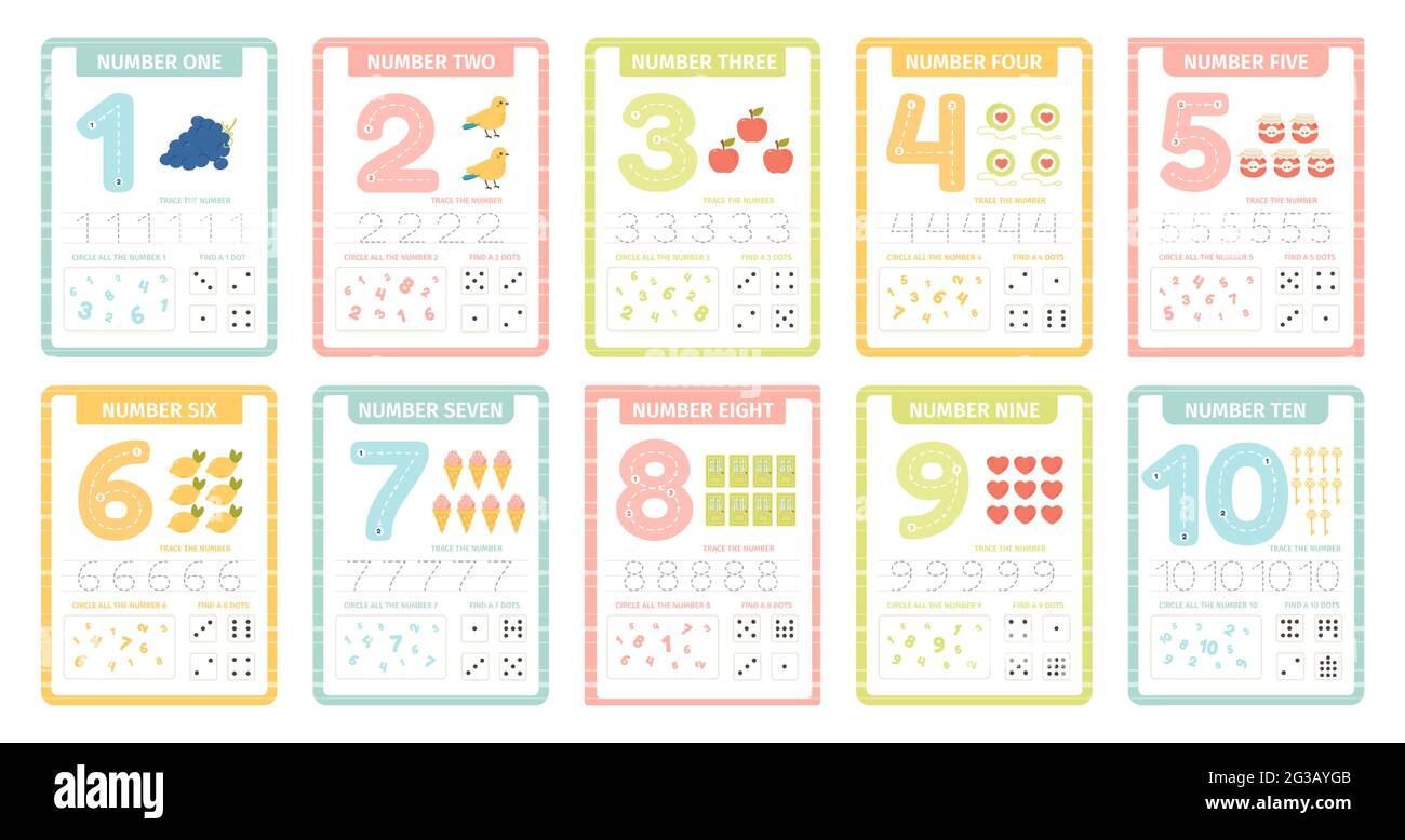 Cartes d'apprentissage Numbers. Jeux de cartes de maternelle avec chiffres, numéros d'apprentissage et d'orthographe de 1 à 10 illustrations vectorielles. Les enfants comptent Illustration de Vecteur