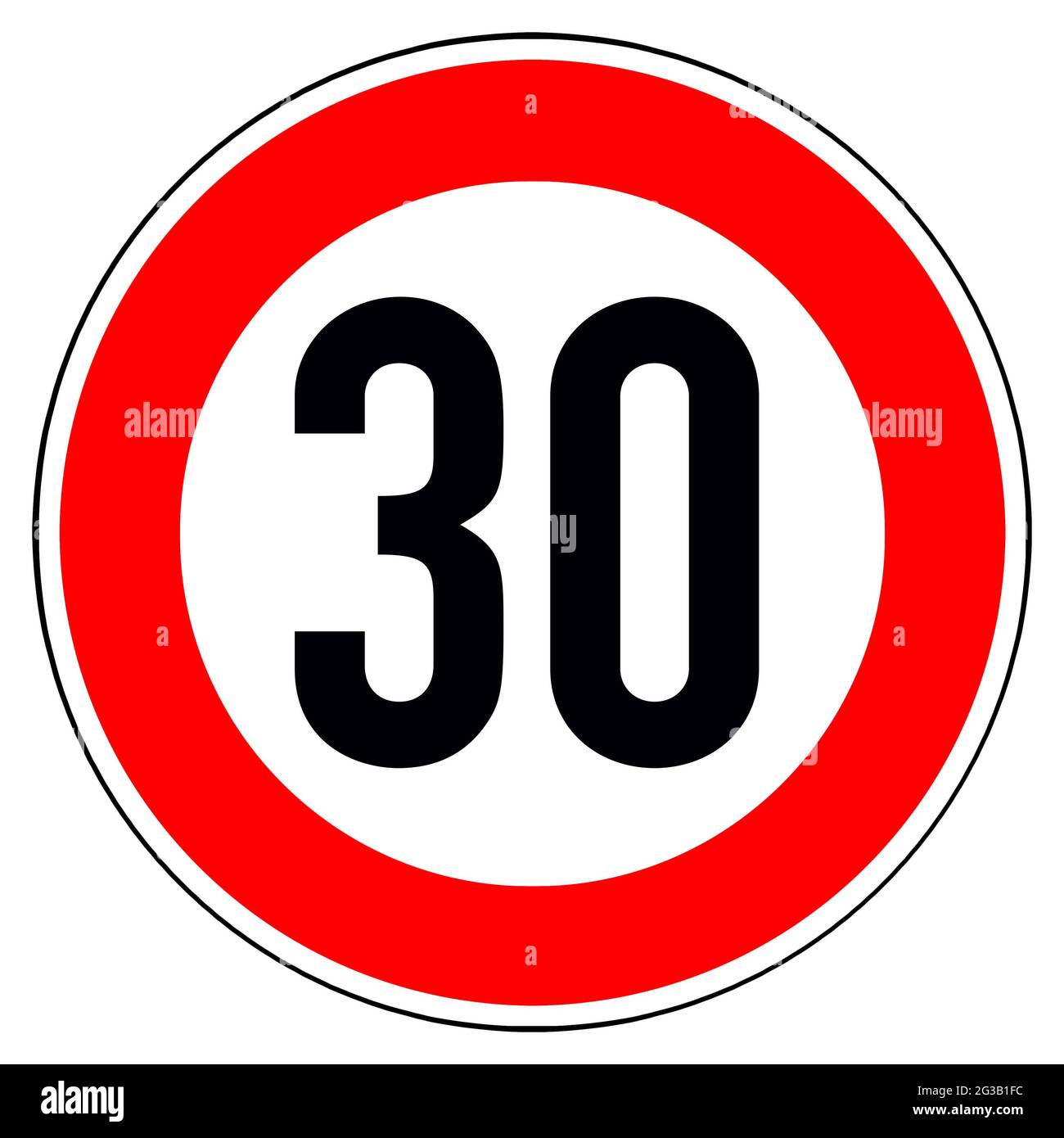 Limite de vitesse du panneau de trafic isolé 30 sur fond blanc Banque D'Images