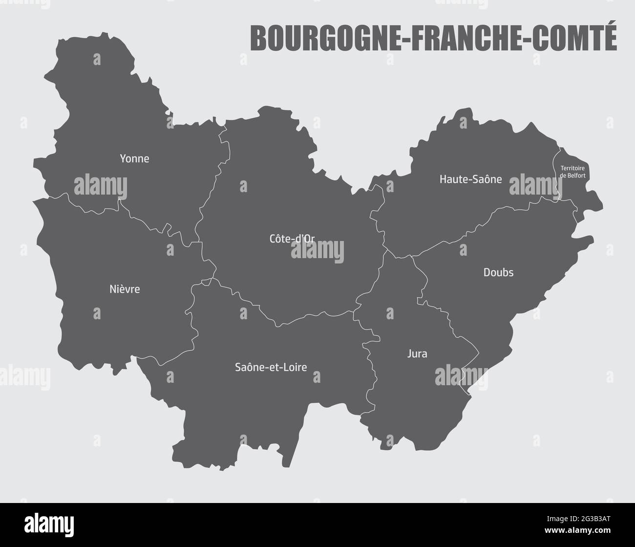 Carte administrative de Bourgogne-Franche-Comté divisée en départements avec labels, France Illustration de Vecteur