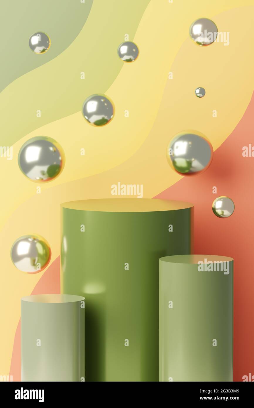 Plate-forme verte vide entourée de sphères flottantes. Illustration 3D. Banque D'Images