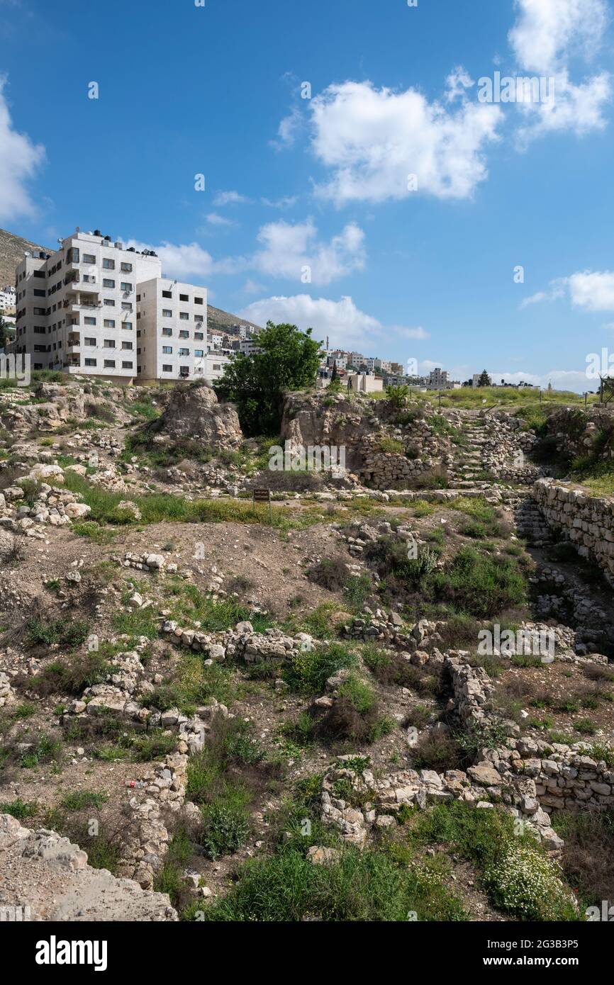 Le parc archéologique de Tell Balata est le site des vestiges d'une ancienne ville cananéenne/Israélite située en Cisjordanie palestinienne. Banque D'Images