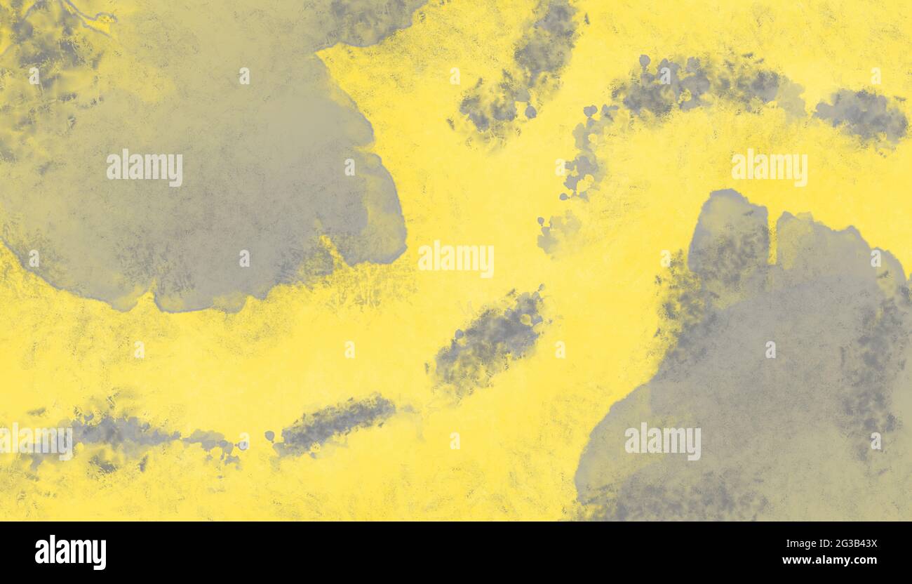 Un arrière-plan jaune aquarelle grunge avec des taches d'encre grises sur la texture comme le papier. Banque D'Images