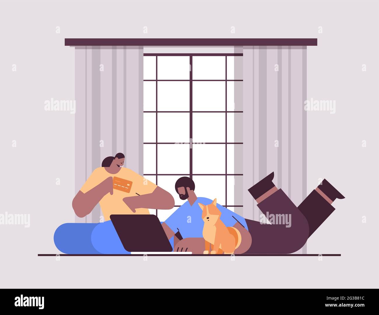 african american couple avec carte de crédit en utilisant ordinateur portable en ligne shopping concept homme femme commandant des marchandises ensemble Illustration de Vecteur