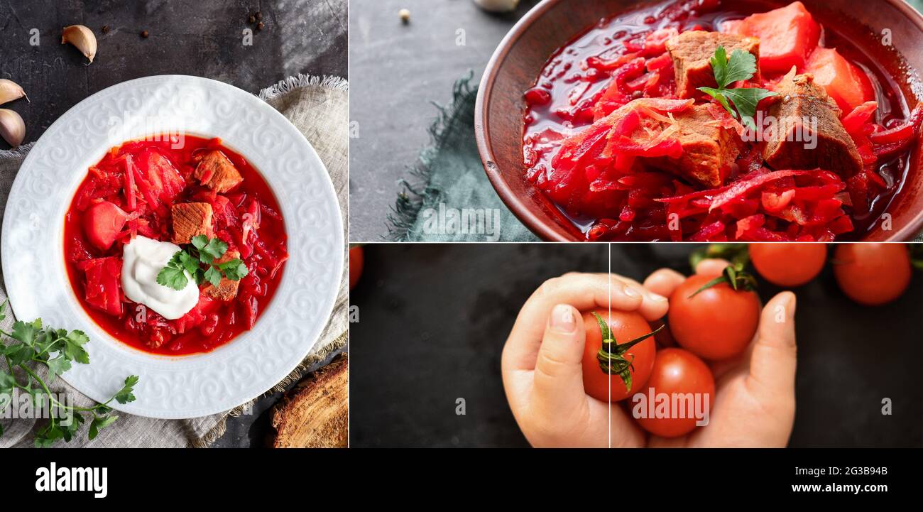 Ensemble de plats. Collage alimentaire. Soupe de tomates aux légumes rouges. Borscht ukrainien et russe. Banque D'Images