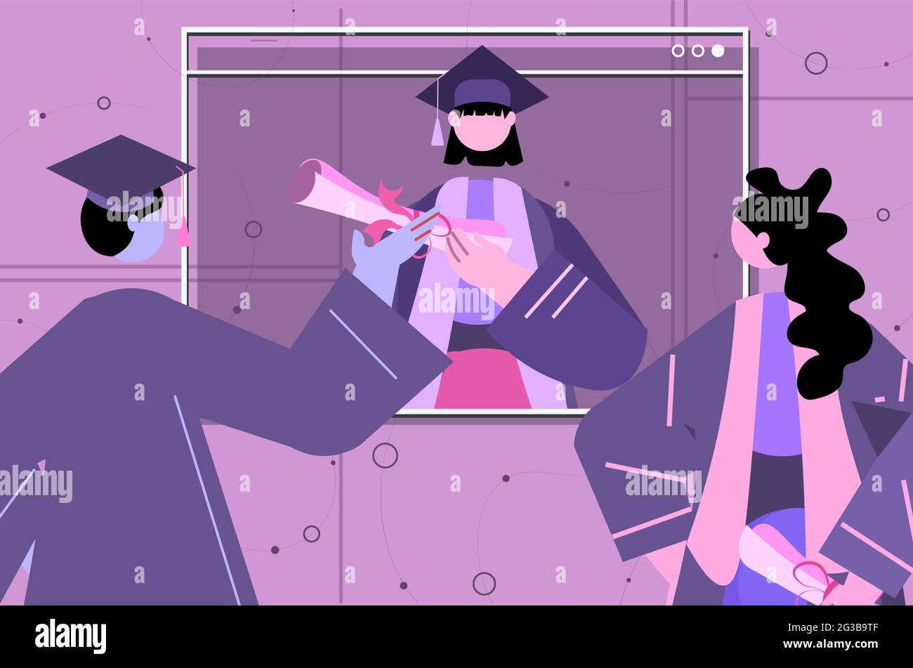 étudiants diplômés discutant pendant les appels vidéo diplômés célébrant l'université d'enseignement diplôme universitaire Illustration de Vecteur