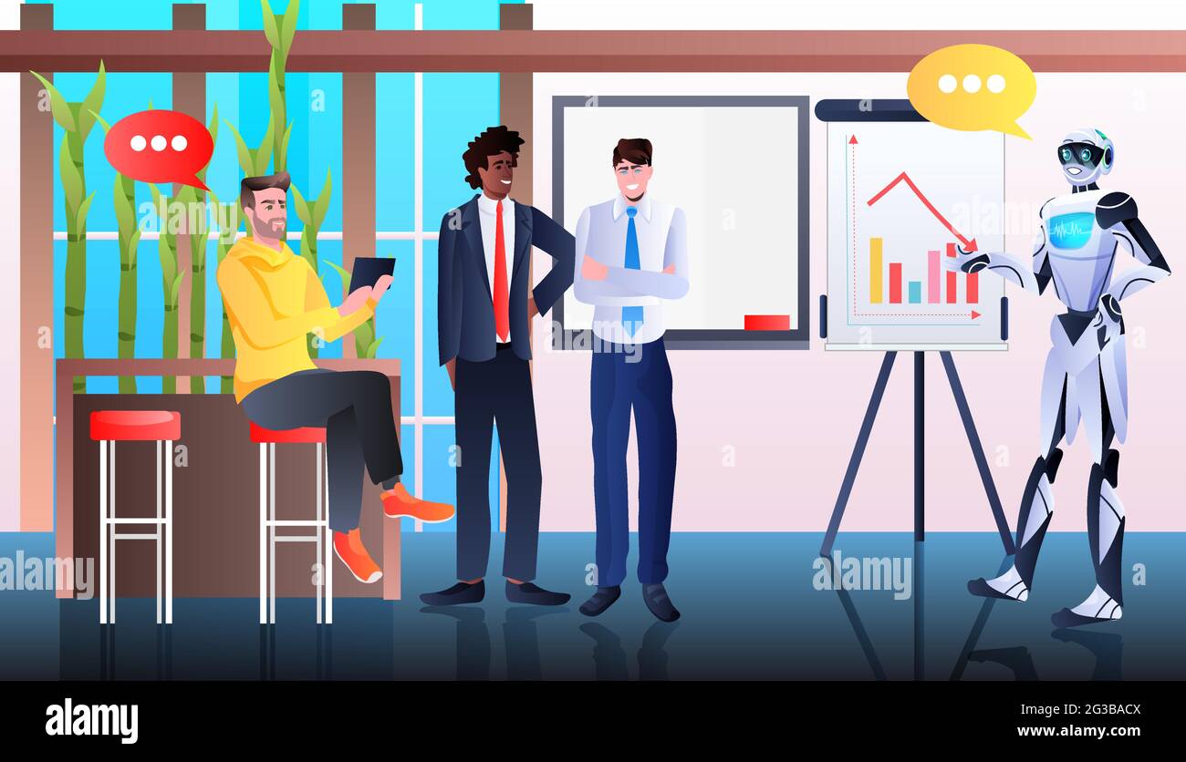 des robots avec des hommes d'affaires analysant les données statistiques financières sur le tableau de conférence concept de technologie de l'intelligence artificielle Illustration de Vecteur