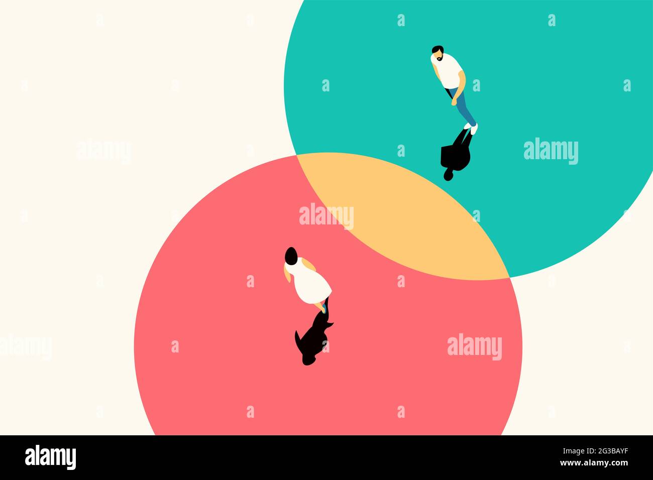Deux personnes marchant dans des cercles différents se chevauchent comme symbole de consensus d'opinions Illustration de Vecteur
