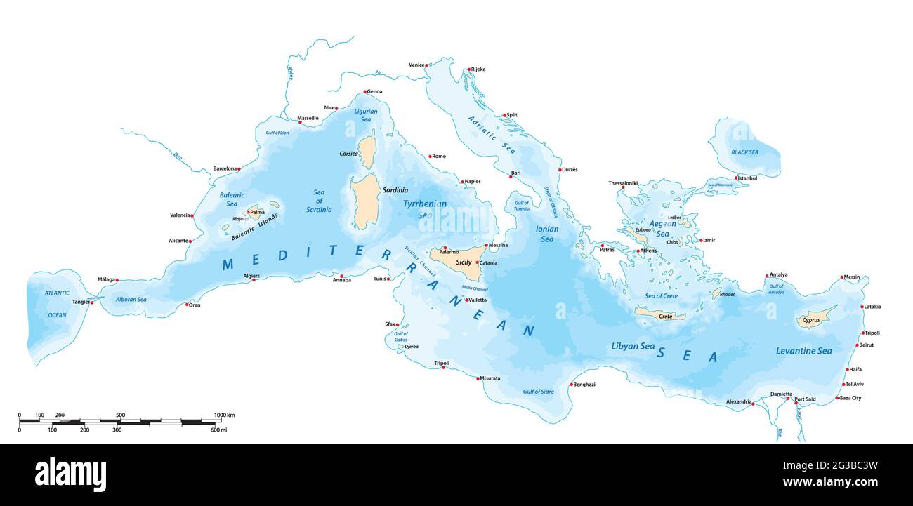 Carte vectorielle de la mer Méditerranée, du sud de l'Europe, de l'Afrique du Nord et du Moyen-Orient Illustration de Vecteur