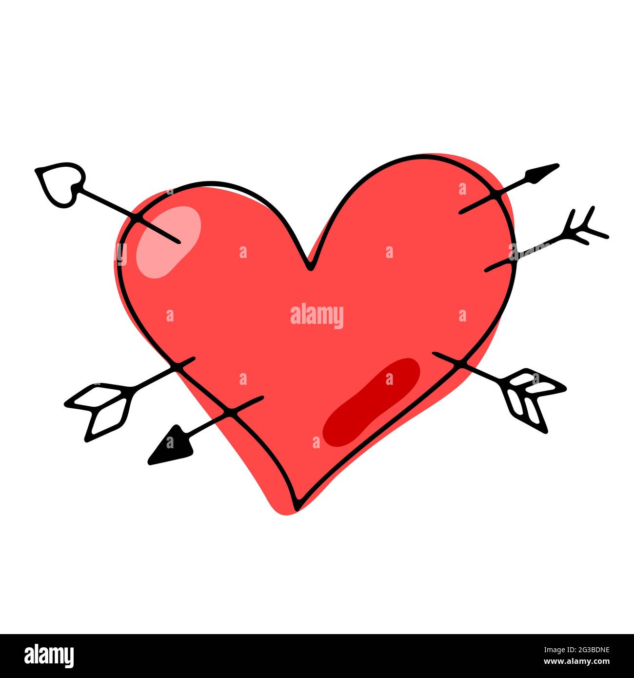 Doodle Saint Valentin coeur. Symbole d'amour rose dessiné à la main, isolé sur fond blanc. Carte de voeux mignonne coeur percé de flèches. Février 14, Weddin Illustration de Vecteur
