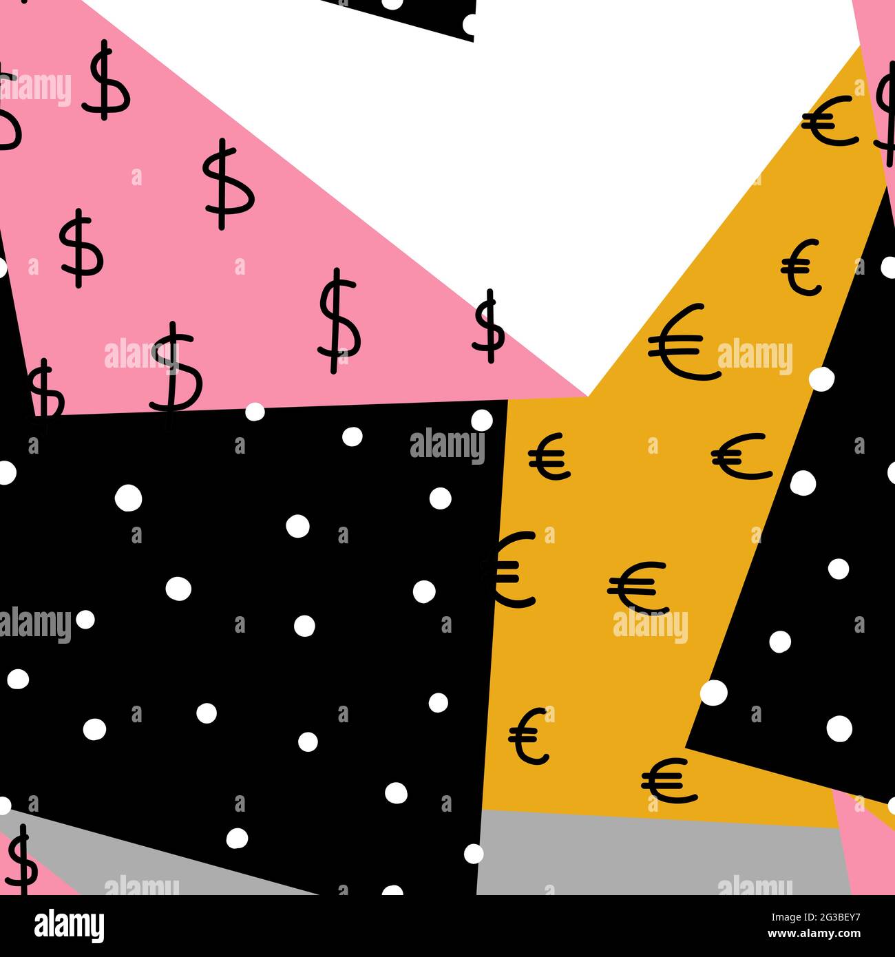 Arrière-plan géométrique coloré avec symbole euro et dollar. Motif sans couture avec décoration à pois sur le thème de l'argent, des affaires et de la finance. Curren Illustration de Vecteur