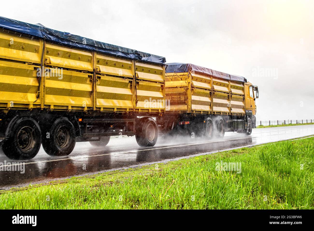 Camion à grains jaune moderne transportant le grain par temps pluvieux sur l'autoroute, en arrière-plan. Route glissante, agro-industrie Banque D'Images