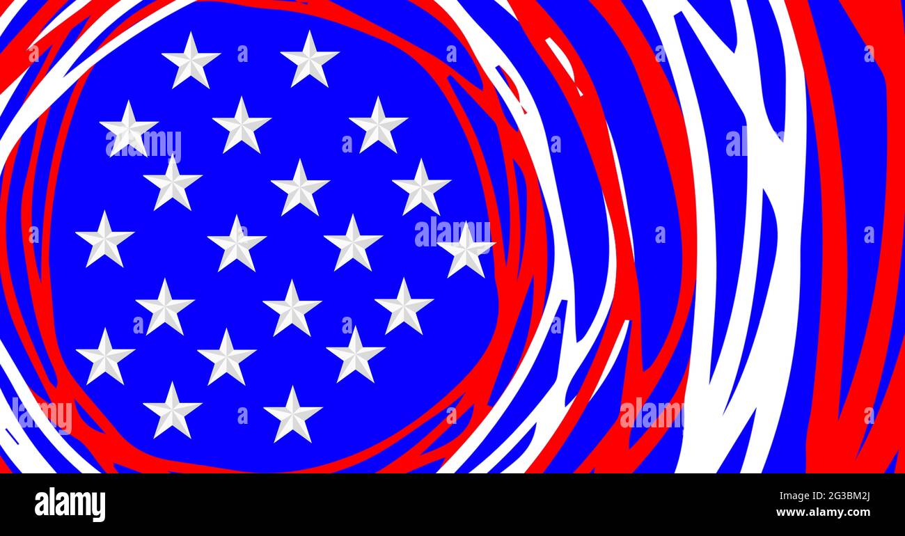 Composition des étoiles blanches du drapeau américain avec des lignes circulaires blanches et rouges sur fond bleu Banque D'Images