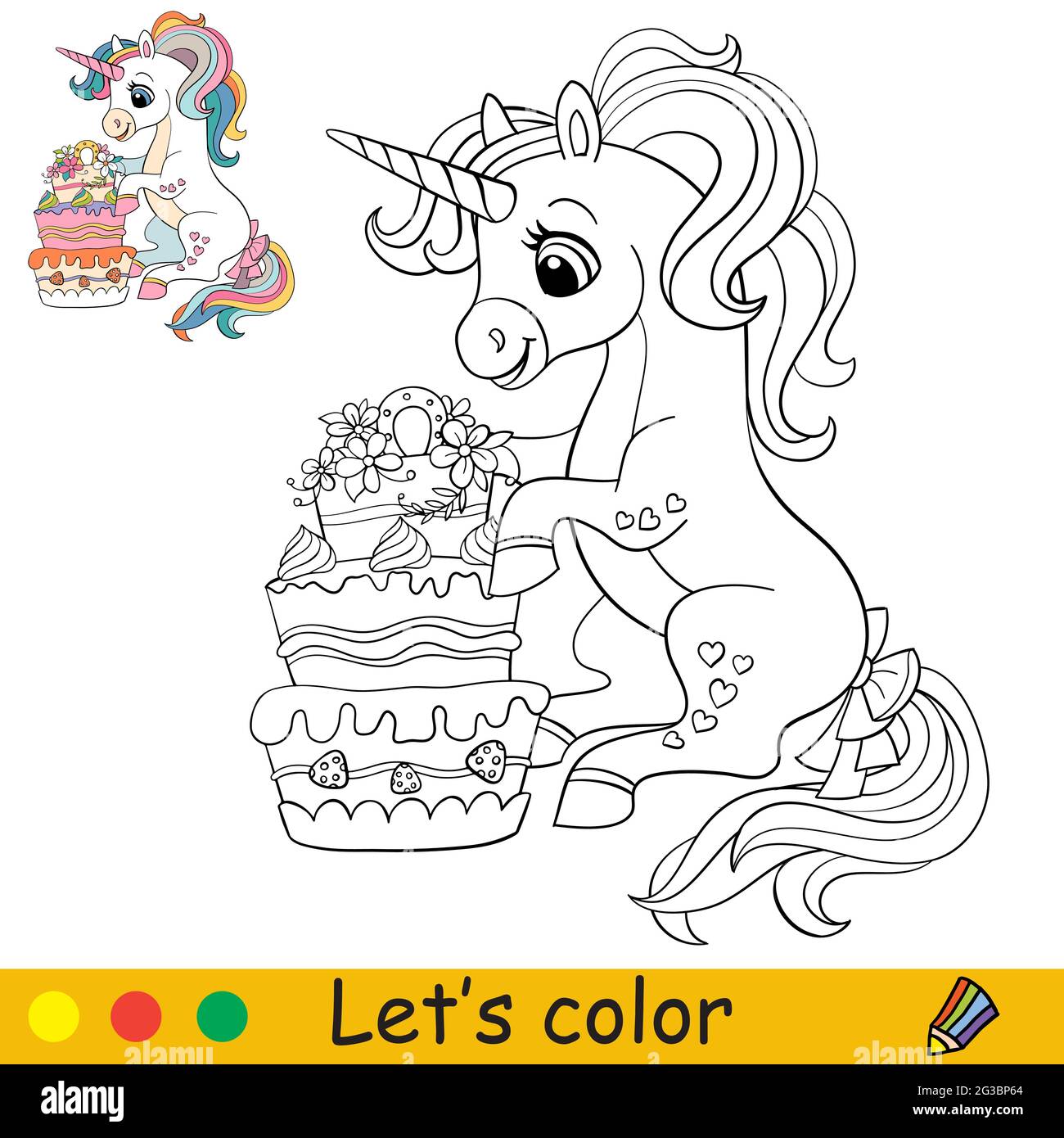 Dessin Anime Mignon Assis Unicorn Avec Gateau Page De Livre De Coloriage Avec Modele Colore Pour Les Enfants Illustration Vectorielle Isolee Pour Livre De Coloriage Impression Ga Image Vectorielle Stock Alamy