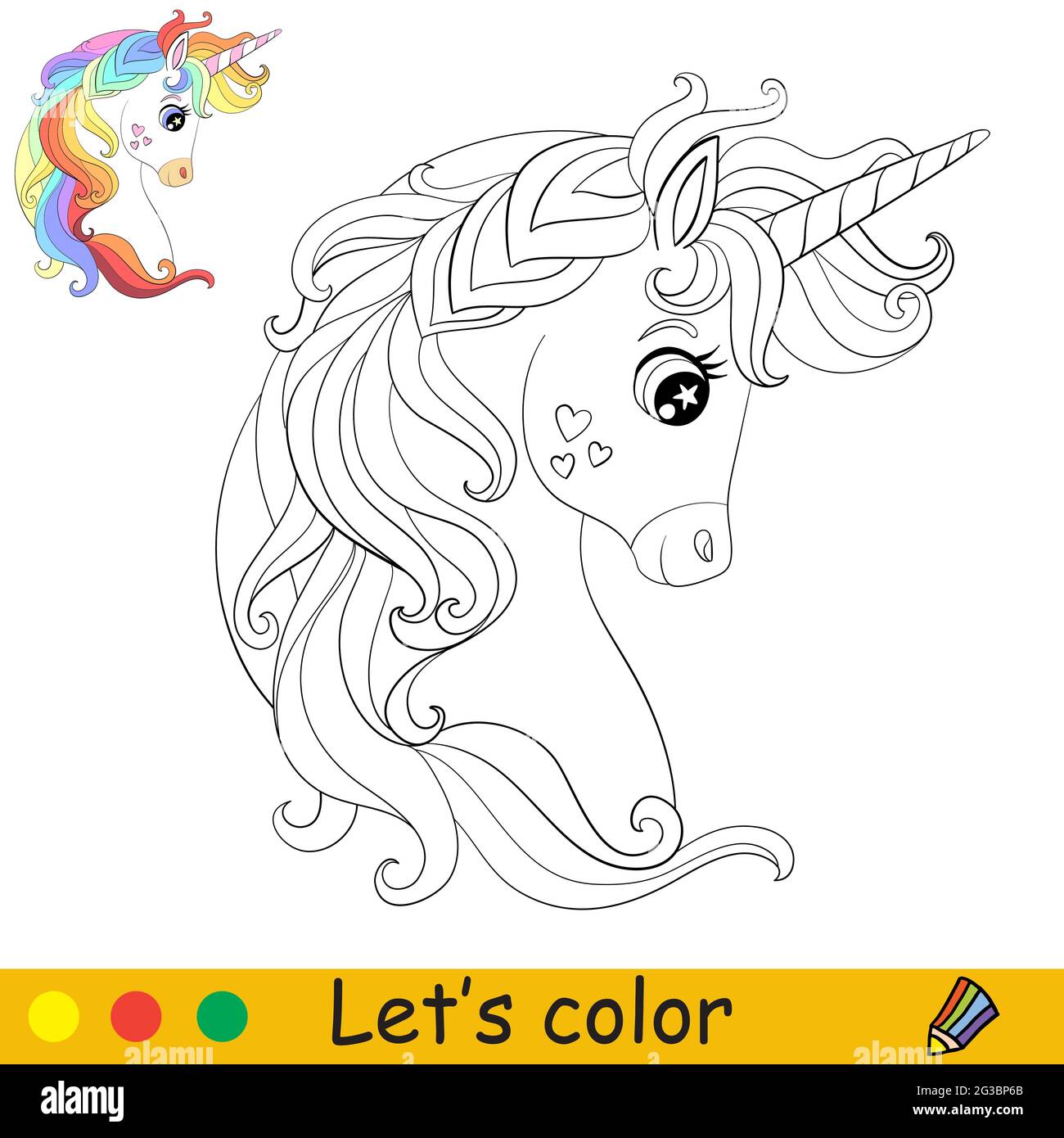 Tete De Dessin Anime Adorable Licorne Avec De Longs Arc En Ciel En Profil Page De Livre De Coloriage Avec Modele Colore Pour Les Enfants Illustration Vectorielle Isolee Pour Image Vectorielle Stock Alamy
