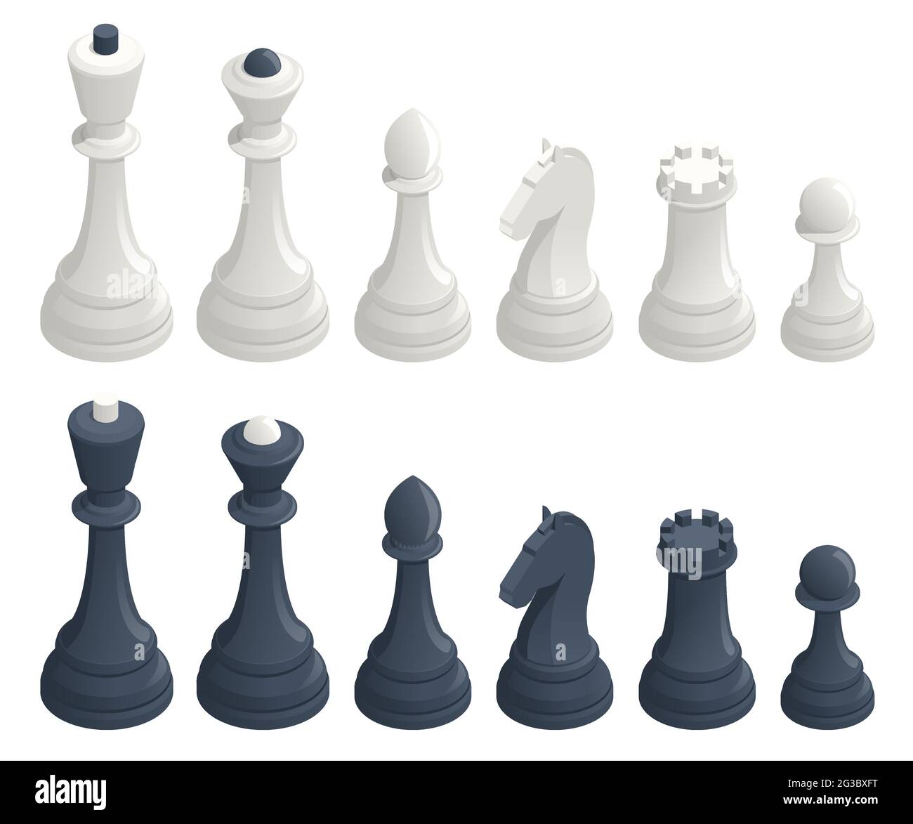 Ensemble isométrique de pièces d'échecs standard. Icônes d'échecs. Jeu de société. Une pièce d'échecs, ou chessman, est l'un des six types différents d'objets mobiles utilisés Illustration de Vecteur