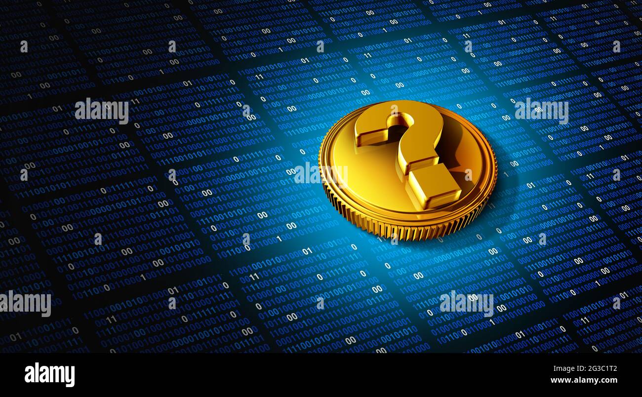 La crypto-monnaie et la crypto-monnaie posent des questions et investissent l'incertitude en tant que risque d'investissement monétaire en chaîne de blocs virtuelle avec une pièce d'or. Banque D'Images
