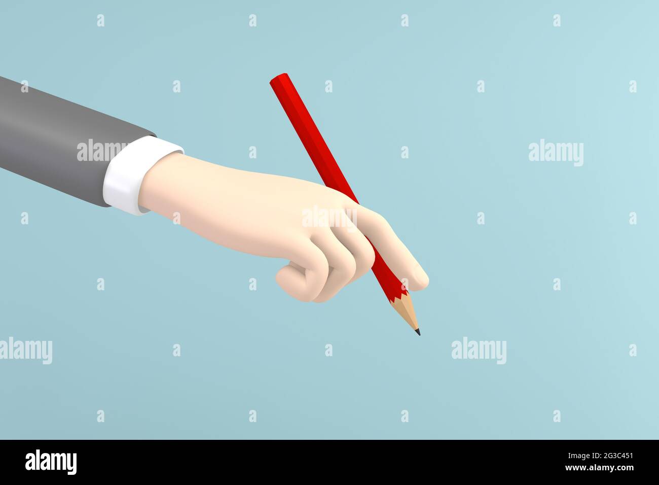 Maquette de dessin animé d'affaires main tenant un crayon rouge sur fond de menthe. Rendu 3D Banque D'Images