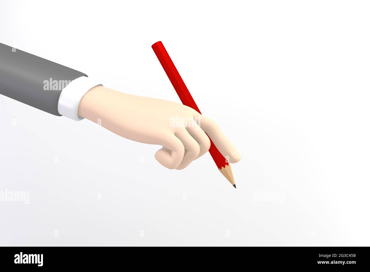 Maquette de dessin animé d'affaires main tenant un crayon rouge sur fond blanc. Rendu 3D Banque D'Images