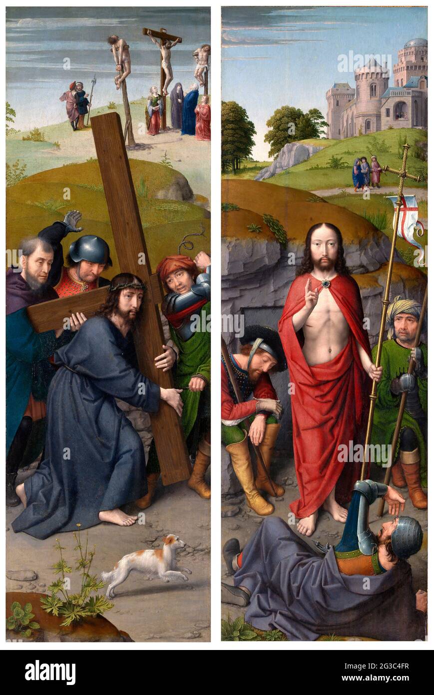 Christ portant la Croix, avec la Crucifixion et la Résurrection, avec les pèlerins d'Emmaus de Gerard David (1460-1523), huile sur panneau de chêne, c. 1510 Banque D'Images