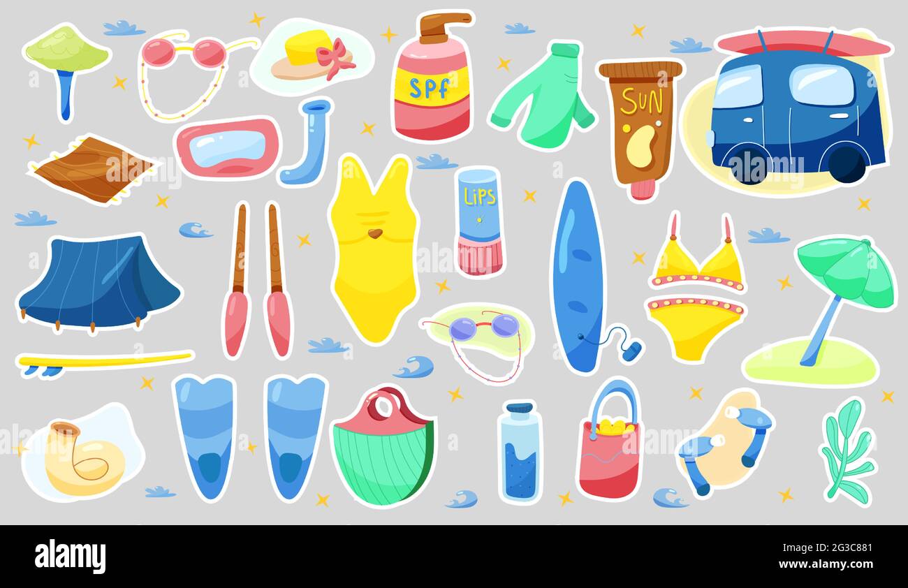 Grand ensemble avec autocollants d'été. Illustration vectorielle Illustration de Vecteur